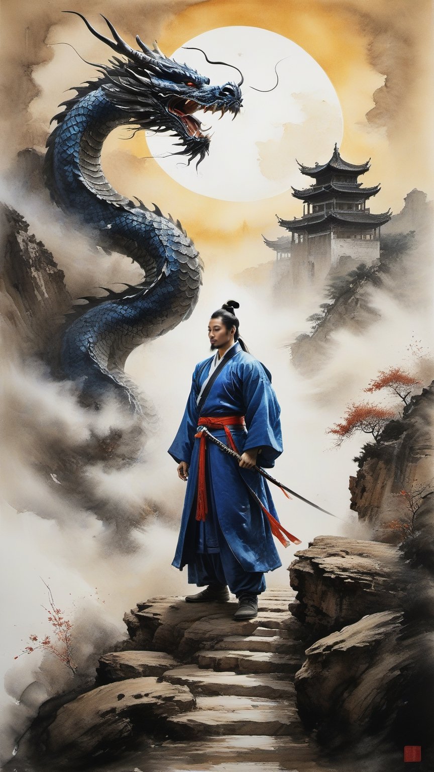 best quality, masterpiece,
Atop the fortress walls of Red Cliffs, Sun Quan stands majestic in his royal blue Hanfu, the Dragon Crescent Blade in hand, its blade gleaming against the backdrop of a setting sun. The sumi-e painting captures his decisive moment of leadership, his figure a dynamic blend of power and grace, emblematic of his rule over Eastern Wu.

ultra realistic illustration, siena natural ratio, ultra hd, realistic, vivid colors, highly detailed, UHD drawing, perfect composition, ultra hd, 8k, he has an inner glow, stunning, something that even doesn't exist, mythical being, energy, molecular, textures, iridescent and luminescent scales, breathtaking beauty, pure perfection, divine presence, unforgettable, impressive, breathtaking beauty, Volumetric light, auras, rays, vivid colors reflects.