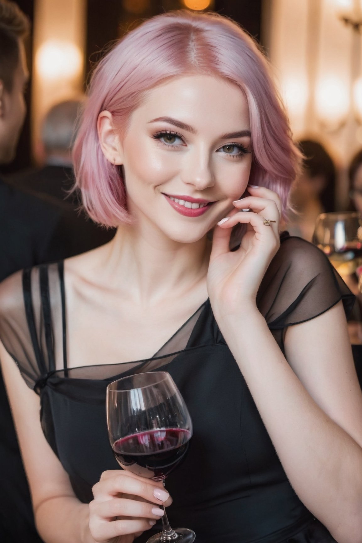 beautiful SAME girl with same face, medium pink hair, white skin, European features, thin and delicate mouth, thin and with perfect breasts.She is sitting holding a glass of red wine and smiling a lot, using a BLACK DRESS
