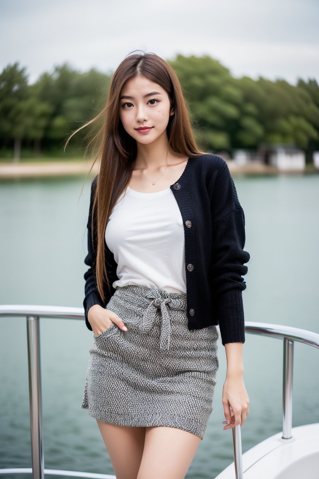 european beautiful girl standing on the boat, sweater jacket, long skirt, 18 years old, bangs, small smile, long legs, knees, long (((ginger hair))), big_breasts, (((slim body, slim waist)))