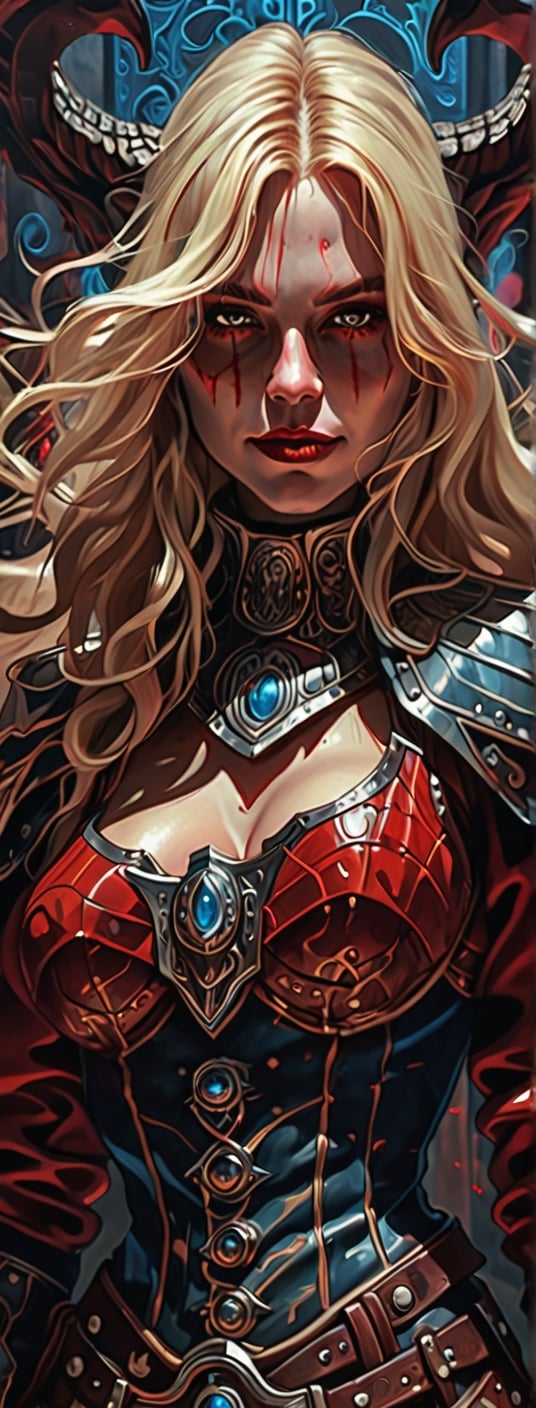 A dark comic art masterpiece depicting a cowgirl with long, wavy blonde hair in the old west town. The scene is dominated by chiaroscuro and sharp ink lines, creating a high stakes atmosphere. The cowgirl, adorned in a beautiful red armor, faces a formidable, ferocious dragon. The dragon, with its blue orb in tow, is rendered in intricate, abstract surreal detail, with low-poly, simplified shapes. The composition is a mix of acrylic painting, watercolor, oil painting, photography, and digital art, with brush strokes and dark red color pops. The cowgirl, with her seductive smile and red eyes, dons an opalescent armor, illuminated from within by bright damask pattern art by Demiurge Ash. The artwork, coherent and symmetrical, is rendered in 3D using Unreal Engine, with micro details and clear glass intricacies. The portrait is highly detailed and ultra detailed, suitable for 8k resolution, and showcases a beautiful, elegant person. The artwork trends on Artstation and exhibits a smooth, sharp focus, influenced by the styles of Artgerm, Tomasz Alen Kopera, Giger, Wlop,darkart