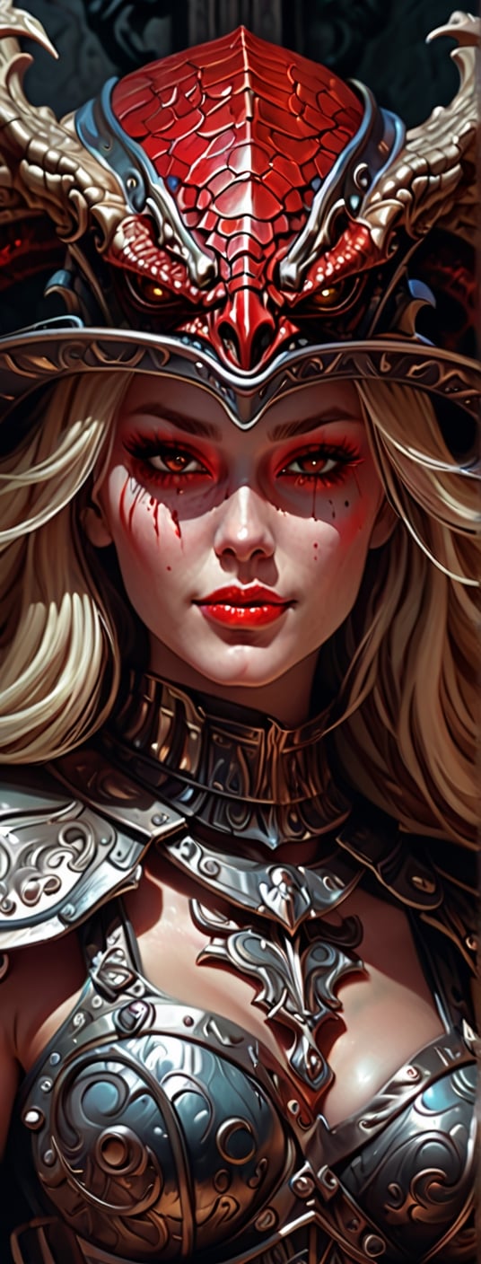 A dark comic art masterpiece depicting a cowgirl with long, wavy blonde hair in the old west town. The scene is dominated by chiaroscuro and sharp ink lines, creating a high stakes atmosphere. The cowgirl, adorned in a beautiful red armor, faces a formidable, ferocious dragon. The dragon, with its blue orb in tow, is rendered in intricate, abstract surreal detail, with low-poly, simplified shapes. The composition is a mix of acrylic painting, watercolor, oil painting, photography, and digital art, with brush strokes and dark red color pops. The cowgirl, with her seductive smile and red eyes, dons an opalescent armor, illuminated from within by bright damask pattern art by Demiurge Ash. The artwork, coherent and symmetrical, is rendered in 3D using Unreal Engine, with micro details and clear glass intricacies. The portrait is highly detailed and ultra detailed, suitable for 8k resolution, and showcases a beautiful, elegant person. The artwork trends on Artstation and exhibits a smooth, sharp focus, influenced by the styles of Artgerm, Tomasz Alen Kopera, Giger, Wlop, DonMCyb3rN3cr0XL, Fantasyextures, and Ominous shadows.