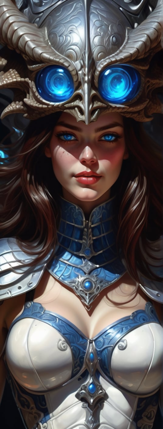 A dark comic art masterpiece depicting a cowgirl with long, wavy hair in the old west town. The scene is dominated by chiaroscuro and sharp ink lines, creating a high stakes atmosphere. The cowgirl, adorned in a beautiful white armor, faces a formidable, ferocious dragon. The dragon, with its blue orb in tow, is rendered in intricate, abstract surreal detail, with low-poly, simplified shapes. The composition is a mix of acrylic painting, watercolor, oil painting, photography, and digital art, with brush strokes and dark red color pops. The cowgirl, with her seductive smile and blue  eyes, dons an opalescent armor, illuminated from within by bright damask pattern art by Demiurge Ash. The artwork, coherent and symmetrical, is rendered in 3D using Unreal Engine, with micro details and clear glass intricacies. The portrait is highly detailed and ultra detailed, suitable for 8k resolution, and showcases a beautiful, elegant person. The artwork trends on Artstation and exhibits a smooth, sharp focus, influenced by the styles of Artgerm, Tomasz Alen Kopera, Giger, 