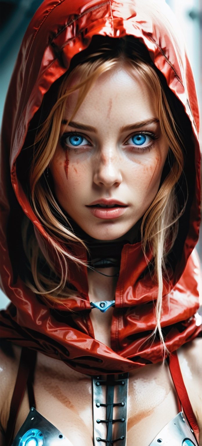 1girl,EA post apocalyptic portrait photo of a red hooded woman, (((front view))), blue eyes,beautiful female, beautiful face, with translucent lingerie armor,scientific illustration,white backgorund,alabaster skin,perfect face,