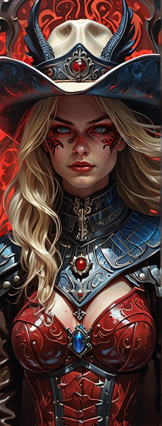 A dark comic art masterpiece depicting a cowgirl with long, wavy blonde hair in the old west town. The scene is dominated by chiaroscuro and sharp ink lines, creating a high stakes atmosphere. The cowgirl, adorned in a beautiful red armor, faces a formidable, ferocious dragon. The dragon, with its blue orb in tow, is rendered in intricate, abstract surreal detail, with low-poly, simplified shapes. The composition is a mix of acrylic painting, watercolor, oil painting, photography, and digital art, with brush strokes and dark red color pops. The cowgirl, with her seductive smile and red eyes, dons an opalescent armor, illuminated from within by bright damask pattern art by Demiurge Ash. The artwork, coherent and symmetrical, is rendered in 3D using Unreal Engine, with micro details and clear glass intricacies. The portrait is highly detailed and ultra detailed, suitable for 8k resolution, and showcases a beautiful, elegant person. The artwork trends on Artstation and exhibits a smooth, sharp focus, influenced by the styles of Artgerm, Tomasz Alen Kopera, Giger, Wlop,darkart