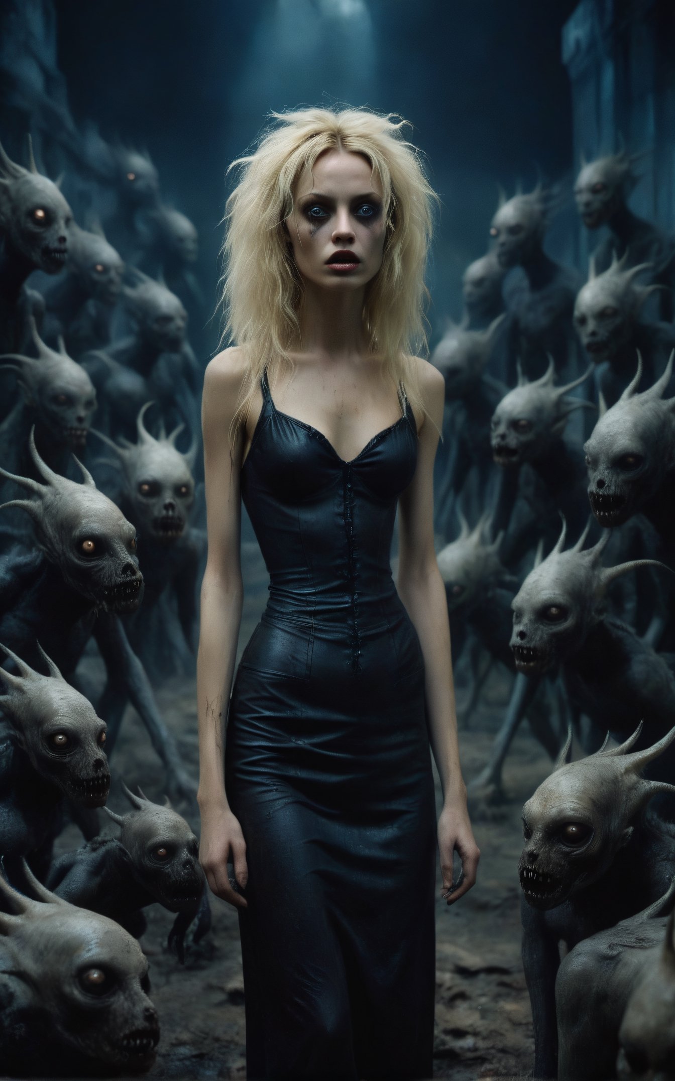 A beautiful blonde woman, stands defiantly amidst a nightmarish world teeming with malevolent creatures. Cinematic and grungy, this scene calls for the artistic vision of a David LaChapelle or Tim Burton.,monster,shadow