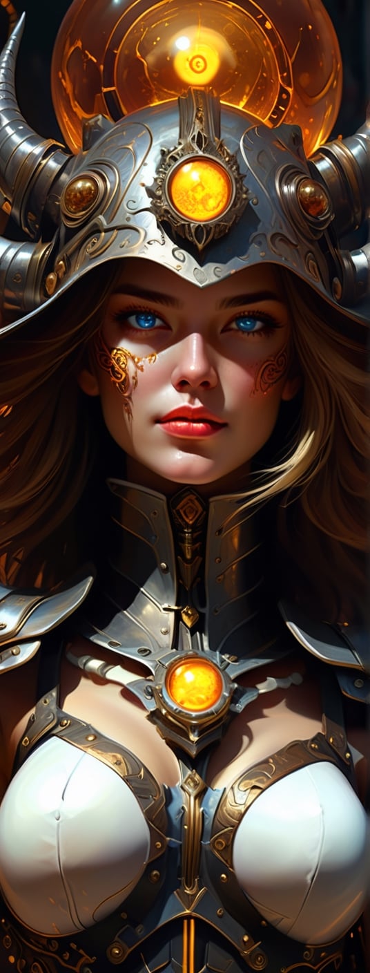 A dark comic art masterpiece depicting a cowgirl with long, wavy hair in the old west town. The scene is dominated by chiaroscuro and sharp ink lines, creating a high stakes atmosphere. The cowgirl, adorned in a beautiful white armor, faces a formidable, ferocious dragon. The dragon, with its yellow orb in tow, is rendered in intricate, abstract surreal detail, with low-poly, simplified shapes. The composition is a mix of acrylic painting, watercolor, oil painting, photography, and digital art, with brush strokes and dark red color pops. The cowgirl, with her seductive smile and blue  eyes, dons an opalescent armor, illuminated from within by bright damask pattern art by Demiurge Ash. The artwork, coherent and symmetrical, is rendered in 3D using Unreal Engine, with micro details and clear glass intricacies. The portrait is highly detailed and ultra detailed, suitable for 8k resolution, and showcases a beautiful, elegant person. The artwork trends on Artstation and exhibits a smooth, sharp focus, influenced by the styles of Artgerm, Tomasz Alen Kopera, Giger, ,DonMCyb3rN3cr0XL 