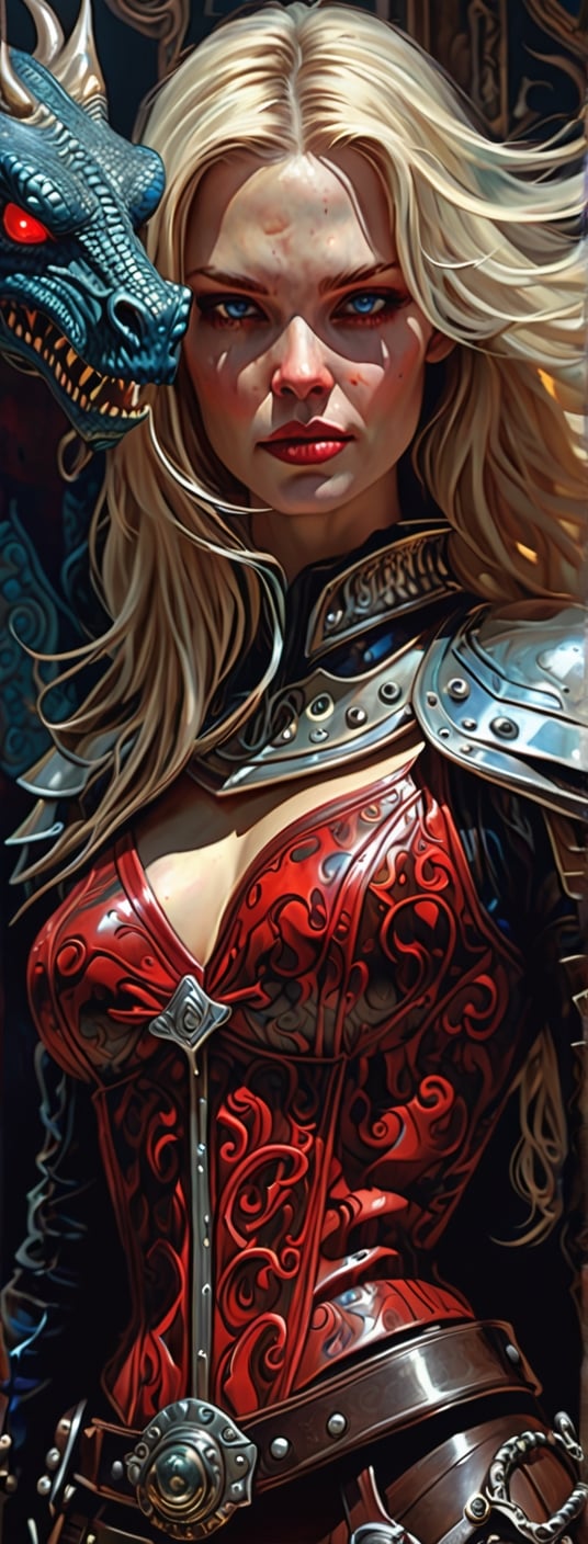 A dark comic art masterpiece depicting a cowgirl with long, wavy blonde hair in the old west town. The scene is dominated by chiaroscuro and sharp ink lines, creating a high stakes atmosphere. The cowgirl, adorned in a beautiful red armor, faces a formidable, ferocious dragon. The dragon, with its blue orb in tow, is rendered in intricate, abstract surreal detail, with low-poly, simplified shapes. The composition is a mix of acrylic painting, watercolor, oil painting, photography, and digital art, with brush strokes and dark red color pops. The cowgirl, with her seductive smile and red eyes, dons an opalescent armor, illuminated from within by bright damask pattern art by Demiurge Ash. The artwork, coherent and symmetrical, is rendered in 3D using Unreal Engine, with micro details and clear glass intricacies. The portrait is highly detailed and ultra detailed, suitable for 8k resolution, and showcases a beautiful, elegant person. The artwork trends on Artstation and exhibits a smooth, sharp focus, influenced by the styles of Artgerm, Tomasz Alen Kopera, Giger, Wlop,darkart