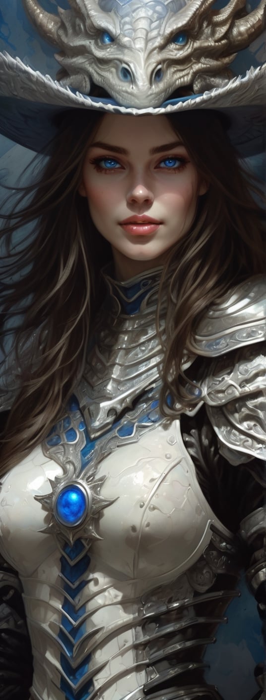 A dark comic art masterpiece depicting a cowgirl with long, wavy hair in the old west town. The scene is dominated by chiaroscuro and sharp ink lines, creating a high stakes atmosphere. The cowgirl, adorned in a beautiful white armor, faces a formidable, ferocious dragon. The dragon, with its blue orb in tow, is rendered in intricate, abstract surreal detail, with low-poly, simplified shapes. The composition is a mix of acrylic painting, watercolor, oil painting, photography, and digital art, with brush strokes and dark red color pops. The cowgirl, with her seductive smile and blue  eyes, dons an opalescent armor, illuminated from within by bright damask pattern art by Demiurge Ash. The artwork, coherent and symmetrical, is rendered in 3D using Unreal Engine, with micro details and clear glass intricacies. The portrait is highly detailed and ultra detailed, suitable for 8k resolution, and showcases a beautiful, elegant person. The artwork trends on Artstation and exhibits a smooth, sharp focus, influenced by the styles of Artgerm, Tomasz Alen Kopera, Giger, Wlop, DonMCyb3rN3cr0XL, Fantasyextures, and Ominous shadows.