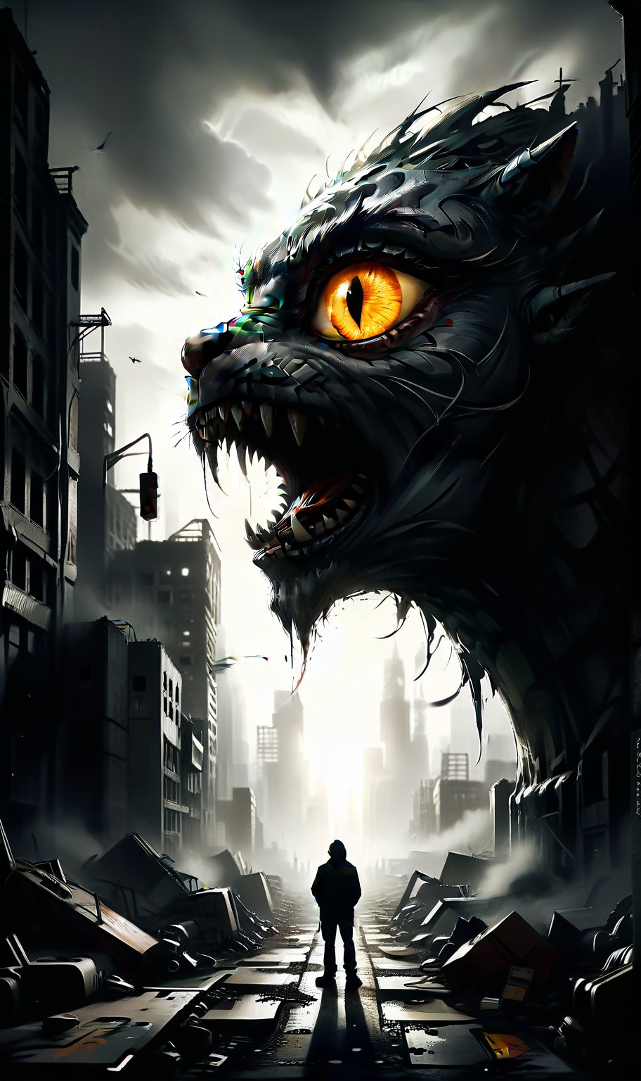 A gritty, metropolitan backdrop hosts a thought-provoking graffiti mural, Capitalism Consumes Its Young. The striking stencil artistry, reminiscent of Haïd & Elf's style, leverages Octane rendering to create an immersive, Unreal Engine-inspired atmosphere. Framed by a cityscape's concrete pillars, the 3D-perspective artwork depicts a snarling, capitalist beast devouring its own offspring, its metallic scales glinting in the faint, urban lighting. The composition is dynamic, with bold brushstrokes and vibrant colors drawing the viewer's gaze into the heart of this dystopian scene.