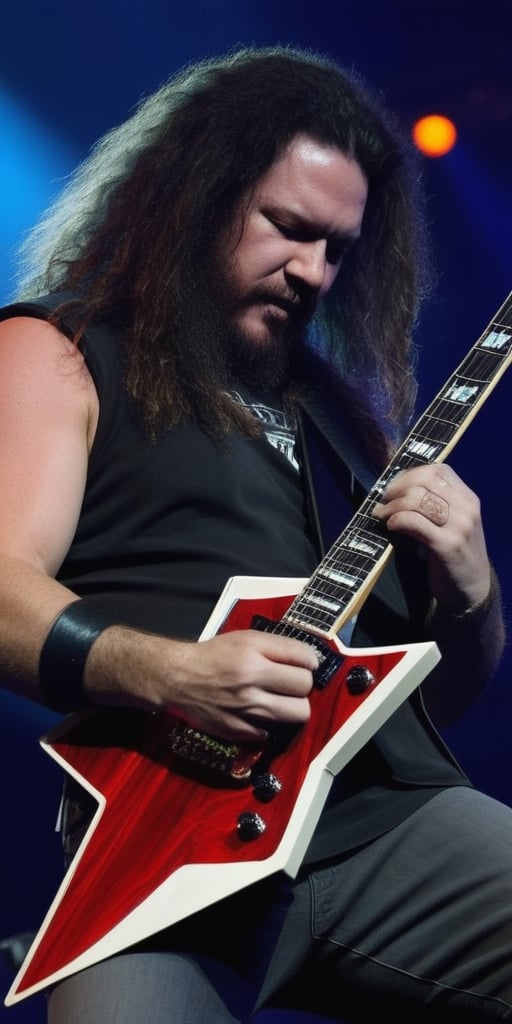 A raw, emotional tribute to Dimebag Darrell,  clad in leather with an explosive energy, gracing the stage with his electric Gibson. Captured mid-performance with a grainy, film-like texture, the truth of his magnetic charisma shines through, compelling you to lose yourself in the raw power of his music., red, white and blue guitar