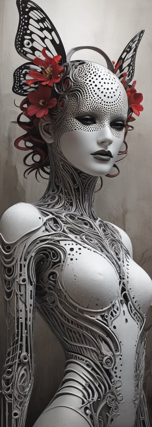 a woman wears and wears black dots on her head, in the style of futuristic fantasy, 3d, metallic sculpture, elegant, emotive faces, dark white and red and light silver, algorithmic artistry, high resolution,  a promotional stereogram picture capturing the enigmatic figure of an androgynous goth, The Mask of Lost Innocence, in watercolor style. Ultra-realistic, soft lighting, 128k, (embrace of a shimmering butterfly, holding a mirror reflecting distorted self-image, surrounded by vibrant haunting flowers in a dreamlike garden setting. The use of surrealism and symbolism to evoke a sense of longing and introspection. 30% watercolor, 40% digital art, 30% photomanipulation. Incorporate elements of the ethereal and otherworldly, blending the lines between reality and fantasy. Detailed and rich in texture, capturing the complexity and depth of the subject's emotions. Delicate, intricate, and evocative