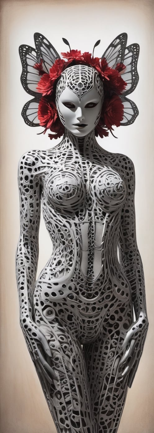 a woman wears and wears black dots on her head, in the style of futuristic fantasy, 3d, metallic sculpture, elegant, emotive faces, dark white and red and light silver, algorithmic artistry, high resolution,  a promotional stereogram picture capturing the enigmatic figure of an androgynous goth, The Mask of Lost Innocence, in watercolor style. Ultra-realistic, soft lighting, 128k, (embrace of a shimmering butterfly, holding a mirror reflecting distorted self-image, surrounded by vibrant haunting flowers in a dreamlike garden setting. The use of surrealism and symbolism to evoke a sense of longing and introspection. 30% watercolor, 40% digital art, 30% photomanipulation. Incorporate elements of the ethereal and otherworldly, blending the lines between reality and fantasy. Detailed and rich in texture, capturing the complexity and depth of the subject's emotions. Delicate, intricate, and evocative