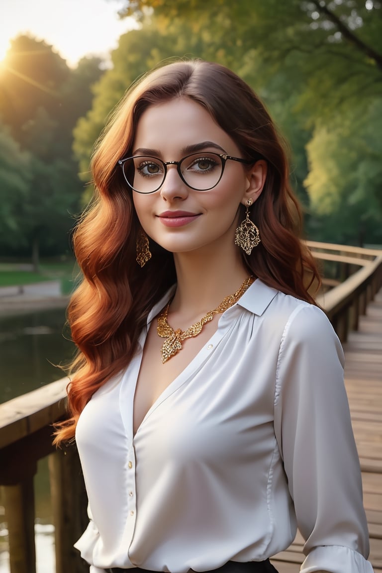 (Masterpiece), ultra_fotorealistic, detailed face, best quality, 8K, HDR, realism, realistic, film still, depth of field, casual photo, sunset, summer, a 25 year old cute tiny girl, narrow face, narrow cheekbones, dark-brown hazel eyes, very long curly red hair, glasses, she wears a white shimmering satin blouse, underneath she has d-size breasts, grey business trousers, high heels, a filigree necklace, gold stud earrings, decent makeup, dark eyeliner, mascara, kayal,   she slenders over a pretty wooden bridge in a park, she is lazy smiling, enioys the situation, in the centre of the picture, she is medium-size shot, full body shot, distance shot, taken from a distance, extreme_photorealistic