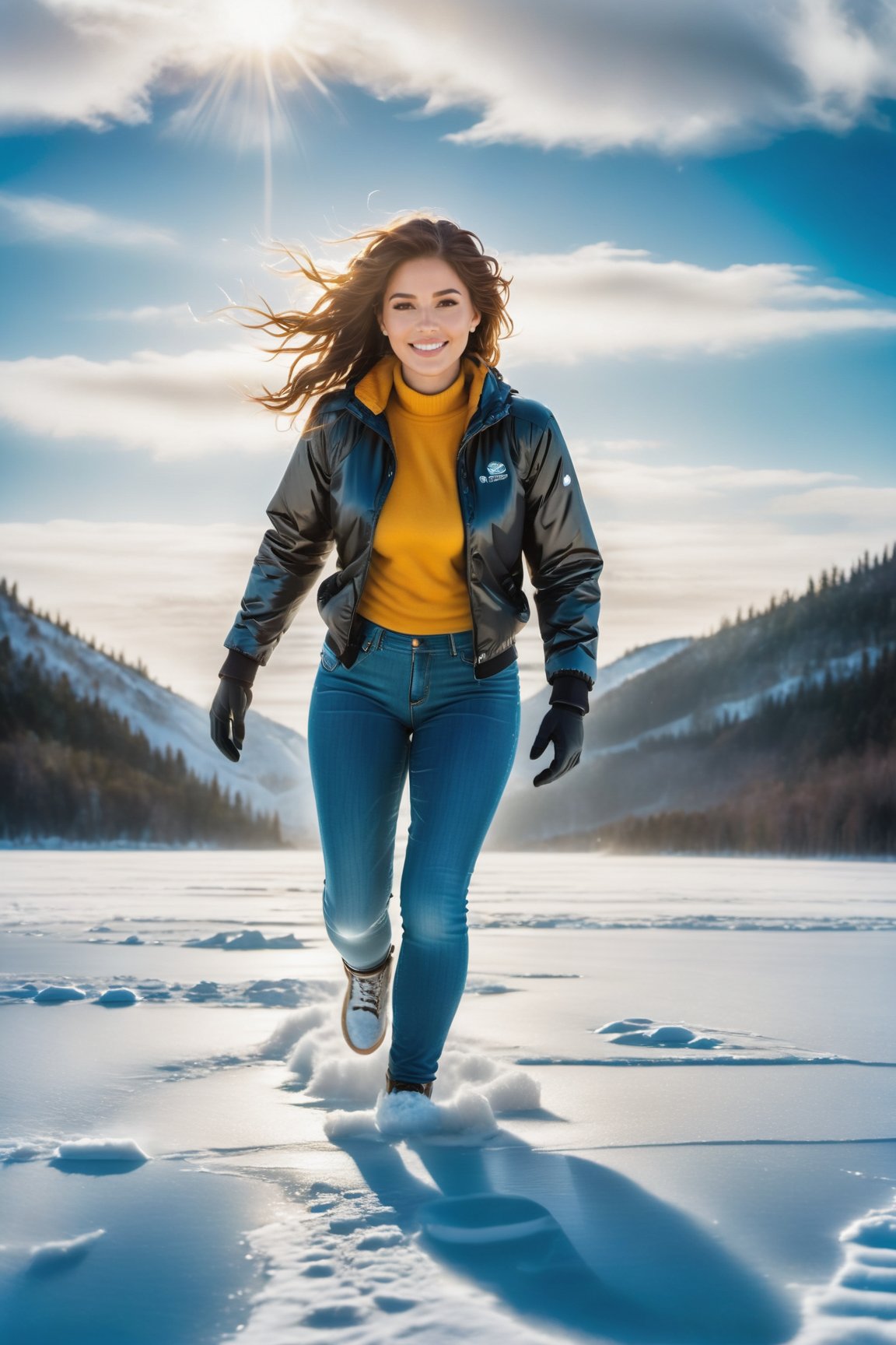 (Masterpiece) ,Best quality,sharp focus,high contrast,HDR, hyper-detailed, extreme_photorealistic, best quality, UHD, HDR, Highly detailed, highest defined resolution, (photorealism: 1.4), RAW photo, BREAK, A breathtaking winter scene, with a stunning blonde young woman takeoff headfirst from the edge of a pristine ice-covered pond into water. She is wearing a stunningly stylish black completely soaking-wet winter jacket, accentuating her slender figure. Her hair is blowing softly in the crisp air, and her eyes sparkle with excitement and anticipation. She wears a pair of dripping wet and shiny faded blue jeans, The pond glistens in the sunlight, the ice shimmering like diamonds, inviting her to take the plunge. In the distance, ice skaters walking araound. The woman, clearly undeterred by the biting cold, takes a deep breath and launches herself headfirst into the icy waters, creating a small splash as she disappears beneath the surface. The air is filled with the sounds of her body hitting the water, and the distant echo of her laughter as she emerges from the depths, exhilarated and invigorated., high-angle shot, cool-toned color grading