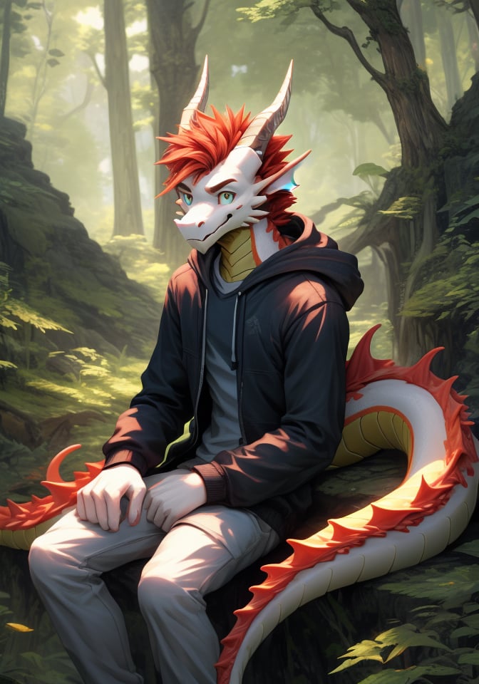 best quality, (masterpiece), (ultra detailed), (high quality), (high resolution), nj5furry, tall handsome sexy yellow dragon, red hair, dragon tail, dragon horns, dragon nose, cute eyes, sitting, hoodie, nature, male, happy, white fur, white body,