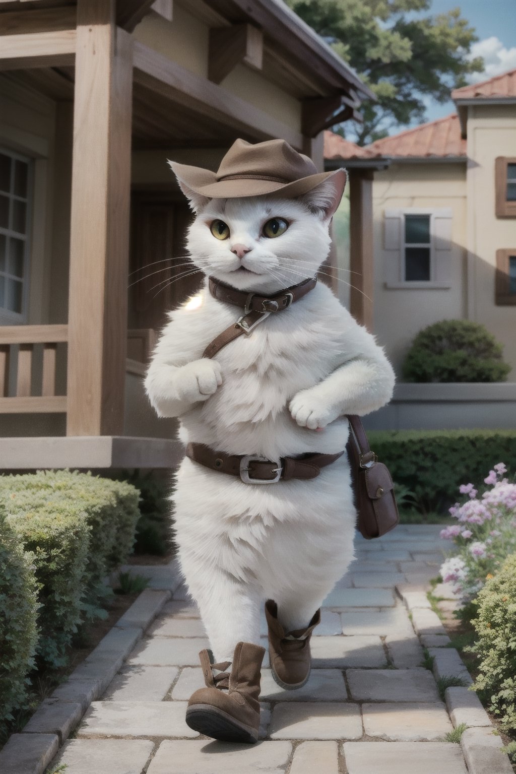 Masterpiece, Jdoracat, outdoors, no humans, animal, cat, realistic, animal Focus, white cat,photorealistic, walking, yard, cowboy shot, face focus,disney pixar style, boots, hat, belt