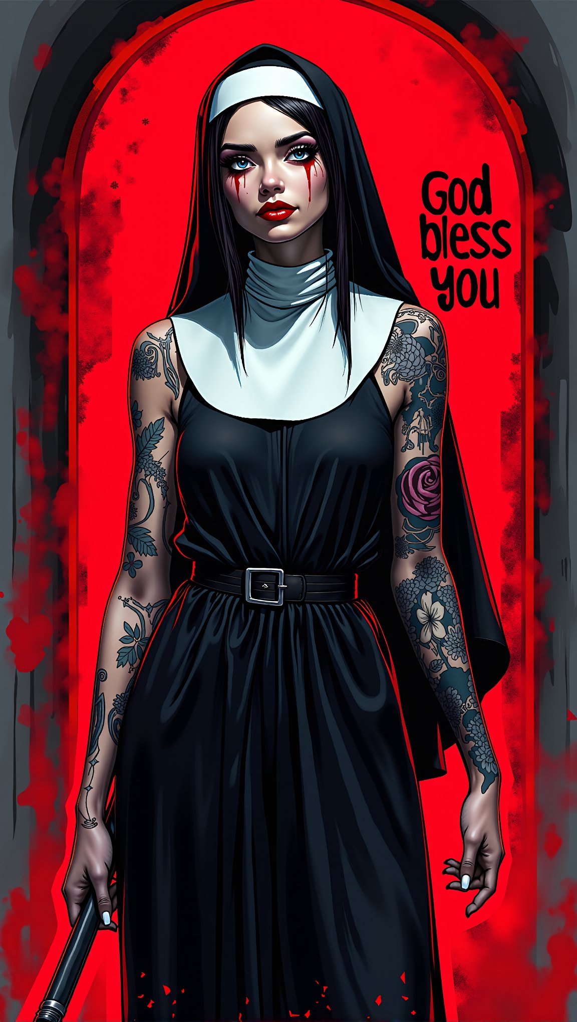 (masterpiece, high quality, 8K resolution), (masterpiece, high quality, 8K resolution), Sketch book style drawing with graffiti art elements. The center of the composition is a sinful nun dressed in a sleeveless Catholic robe. Her arms are covered in blackwork tattoos with religious patterns. Holds a bat. Text: "God bless you" with gothic font. The lighting is from behind the model with red neon tint. The lighting is from behind the model with red neon tint. A background have hell elements which underline a character's sinful. Bright lipstick accentuates the nun's beautiful face. Tarantino's Movie Style in Anime Performance, graffiStyle,