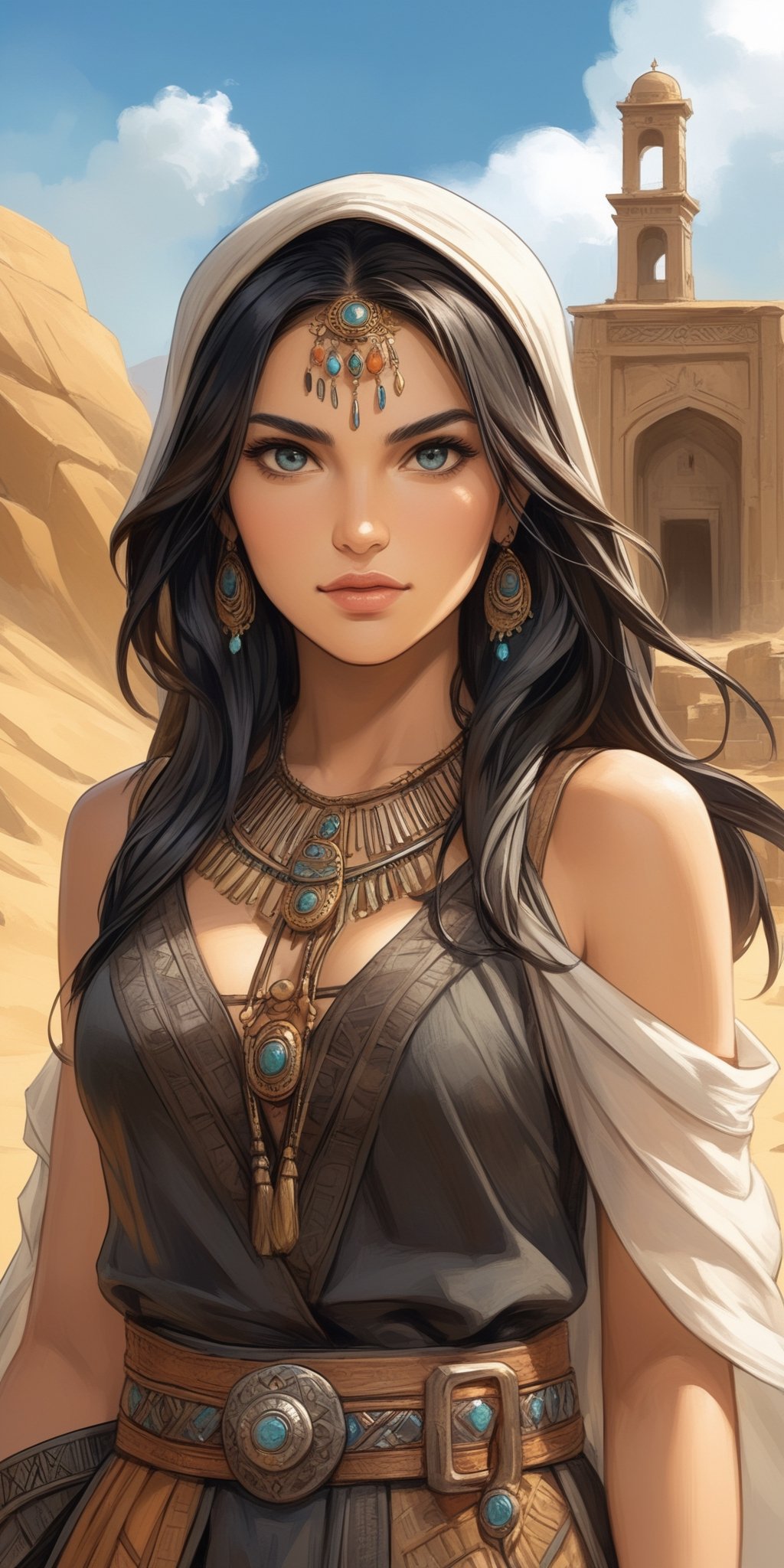 (masterpiece, high quality, 8K, high_res), merge ink drawning and anime style, breathtakingly beautiful woman, italian facial features, long black hair, galabeya dress \black with white elements\, convey the mood of an action-adventure film about a treasure hunter, an ancient city lost in the desert, full of dangers and mysticism, inspired by the Tomb Rider videogames, by badabum27,Leonardo Style,fflixmj6