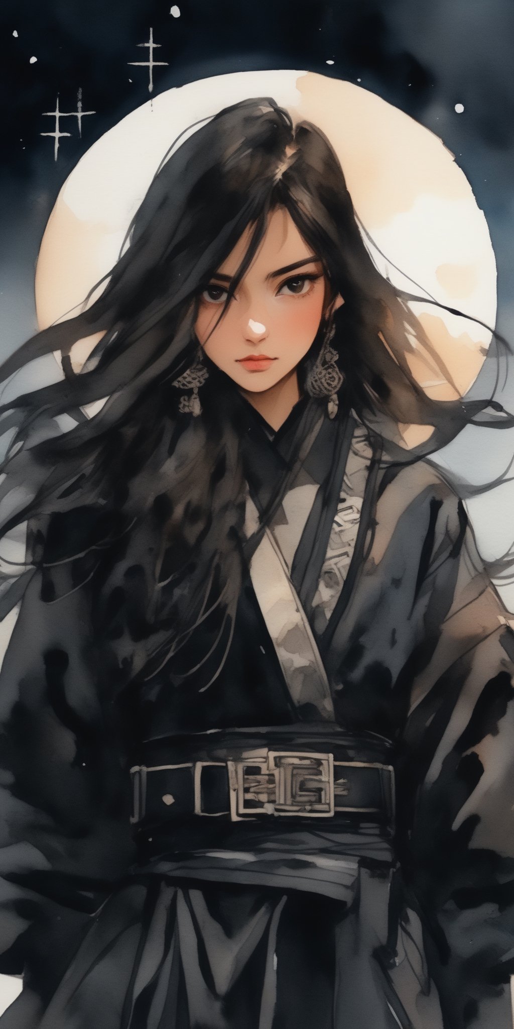 (masterpiece, high quality, 8K, high_res:1.5), 
professional photoshot style, black soft colors palette, spalsh art style,  grunge style, 
beautiful young woman with asian facial features, cocky facial expression, fashion black outfit with a lot of belts, outerwear with hem, intricate white zentagle ornament on the clothes, 
docks background, night lighting, moonlight, 
((ink lines and watercolor wash))