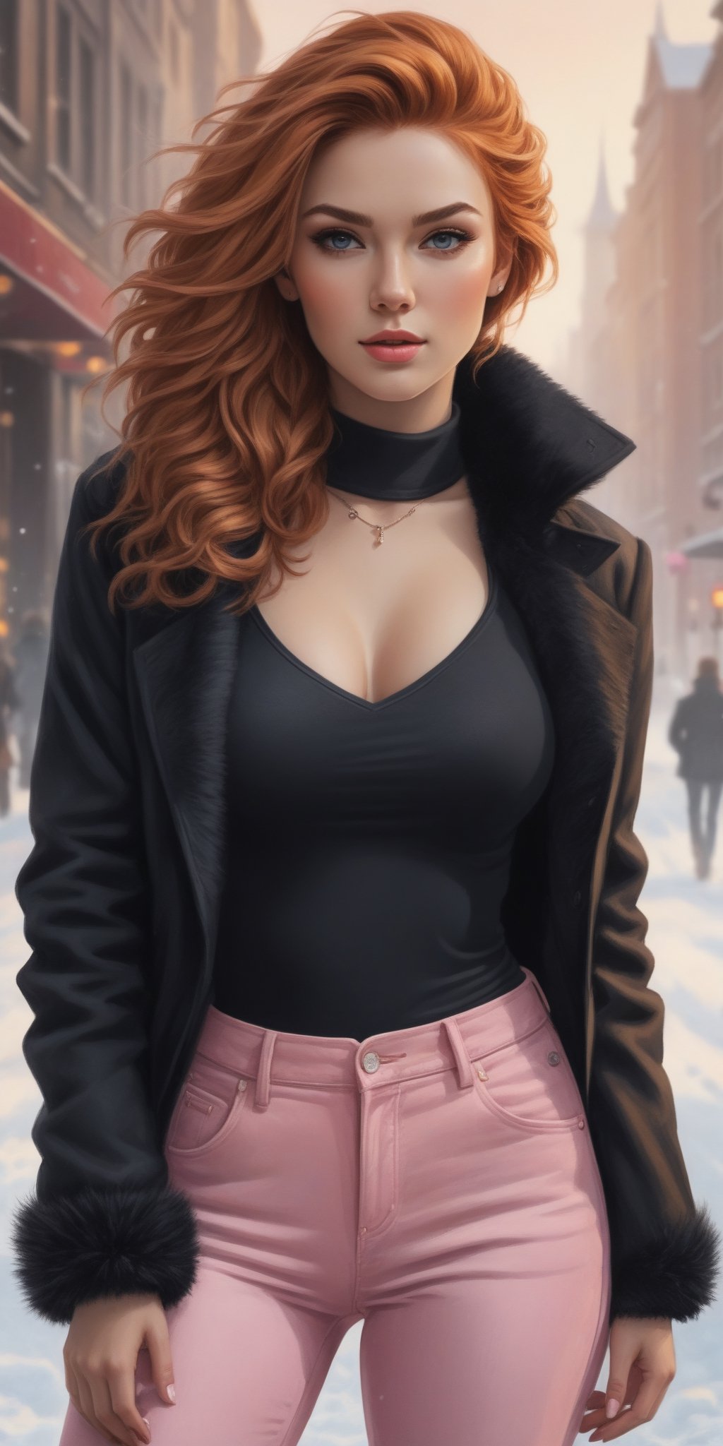 (masterpiece, high quality, 8K, high_res:1.5), 
professional photoshot style, realistic, handpainted style, pencil drawning style. extremely detailed, ((ink lines and watercolor wash)),
breathtakingly beautiful woman, bright ginger hair, 
pink denim pants, black jersey, short fur coat, ugg boots, jewerly, manicure, detailed clothes,
winter season, metropolis square, sundown lighting, snow,
elegant, fashion, contrast, vibrant,
(detailed hands, perfect hands, detailed hair,perfect hair. detailed eyes, perfect figure:1.2),
,portraitart,portrait art style,Leonardo Style