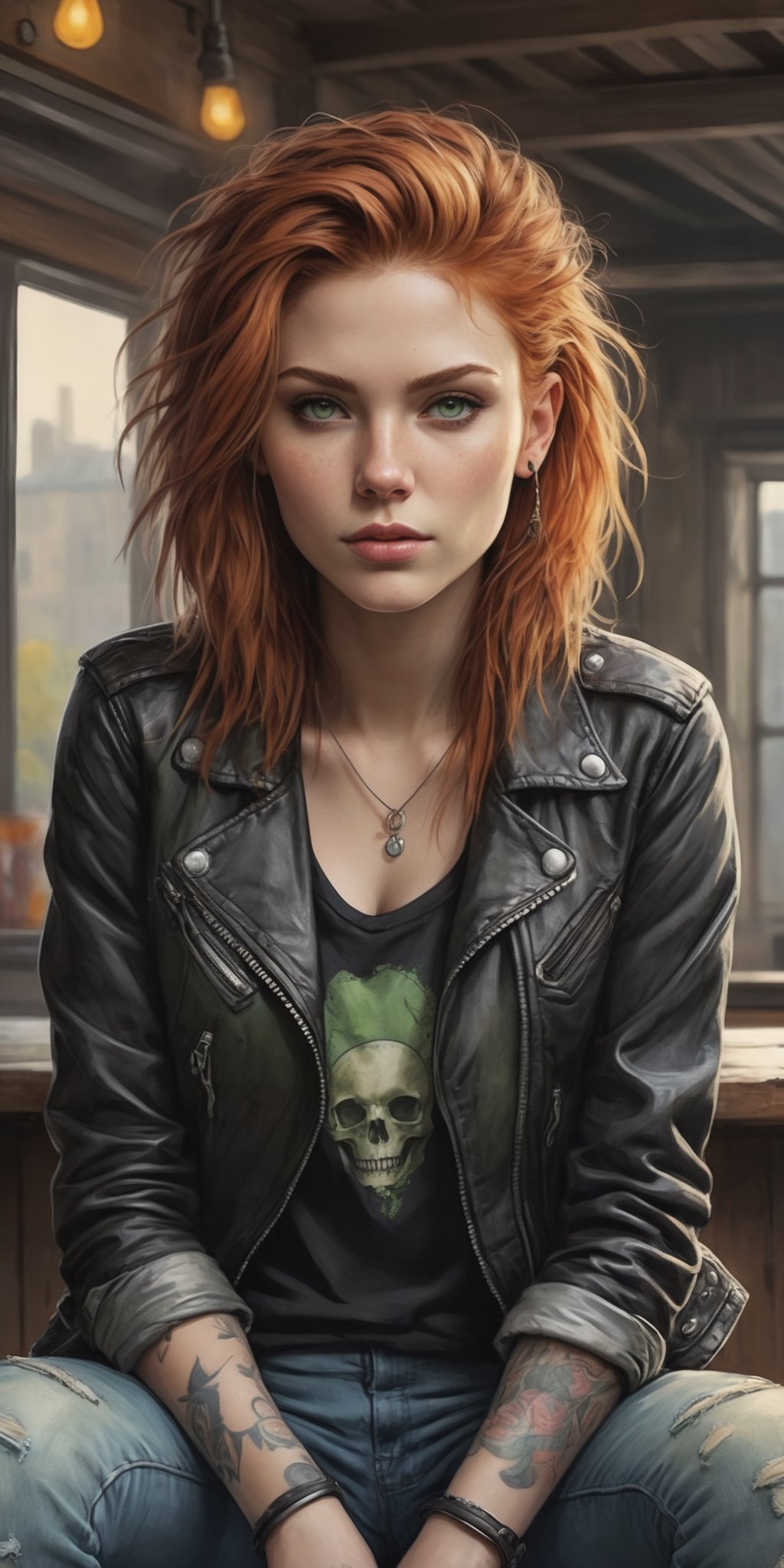 (masterpiece, high quality, 8K, high_res), 
((ink drawning and watercolor wash)), grunge style, mystic embience, 
ultra detailed illustration, incredibly beautiful young woman, ginger hair, green eyes,
black leather jacket with punk patches, loose V-neck T-shirt, worn out old jeans, skater sneakers,
rock bar background, vampire elements, gothic detailes, 
relax poses. 
,portraitart