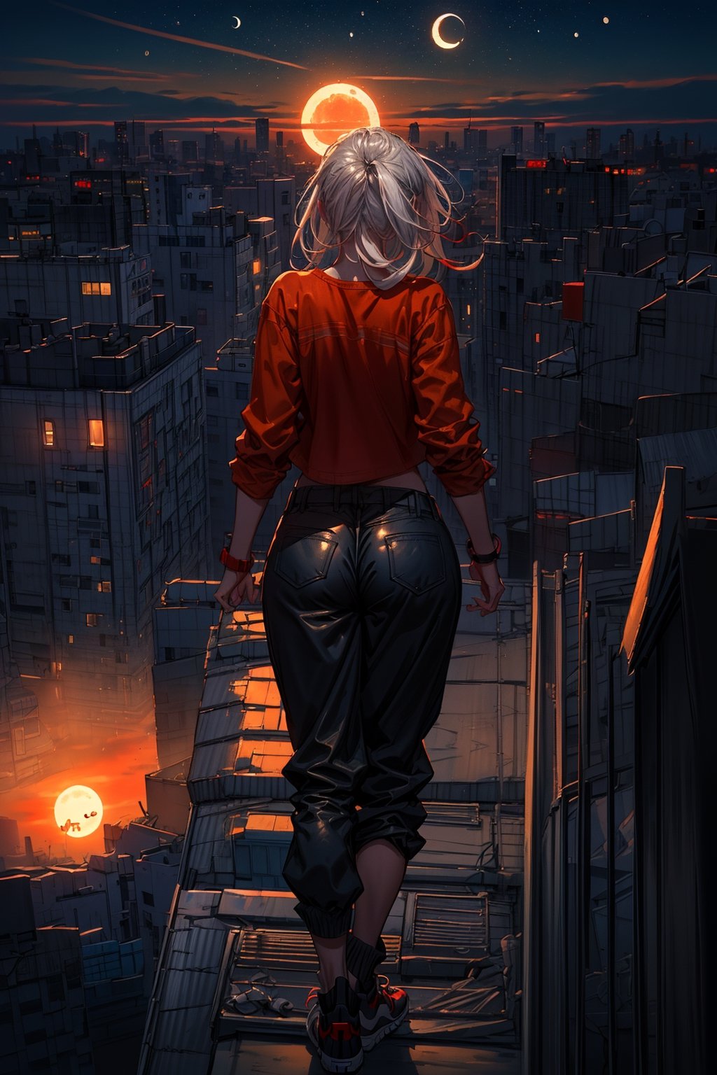 8k, ((best quality)), ((masterpiece)), high_res, anime, (from behind: 1.2), contrast lighting, concept art
1 girl, solo, white hair, sexy body,average breasts, model pose, on the roof, (orange shirt), (breeches: \black\), socks, (sneakers: \red\)
landscape, (city in sundown, sun and moon)