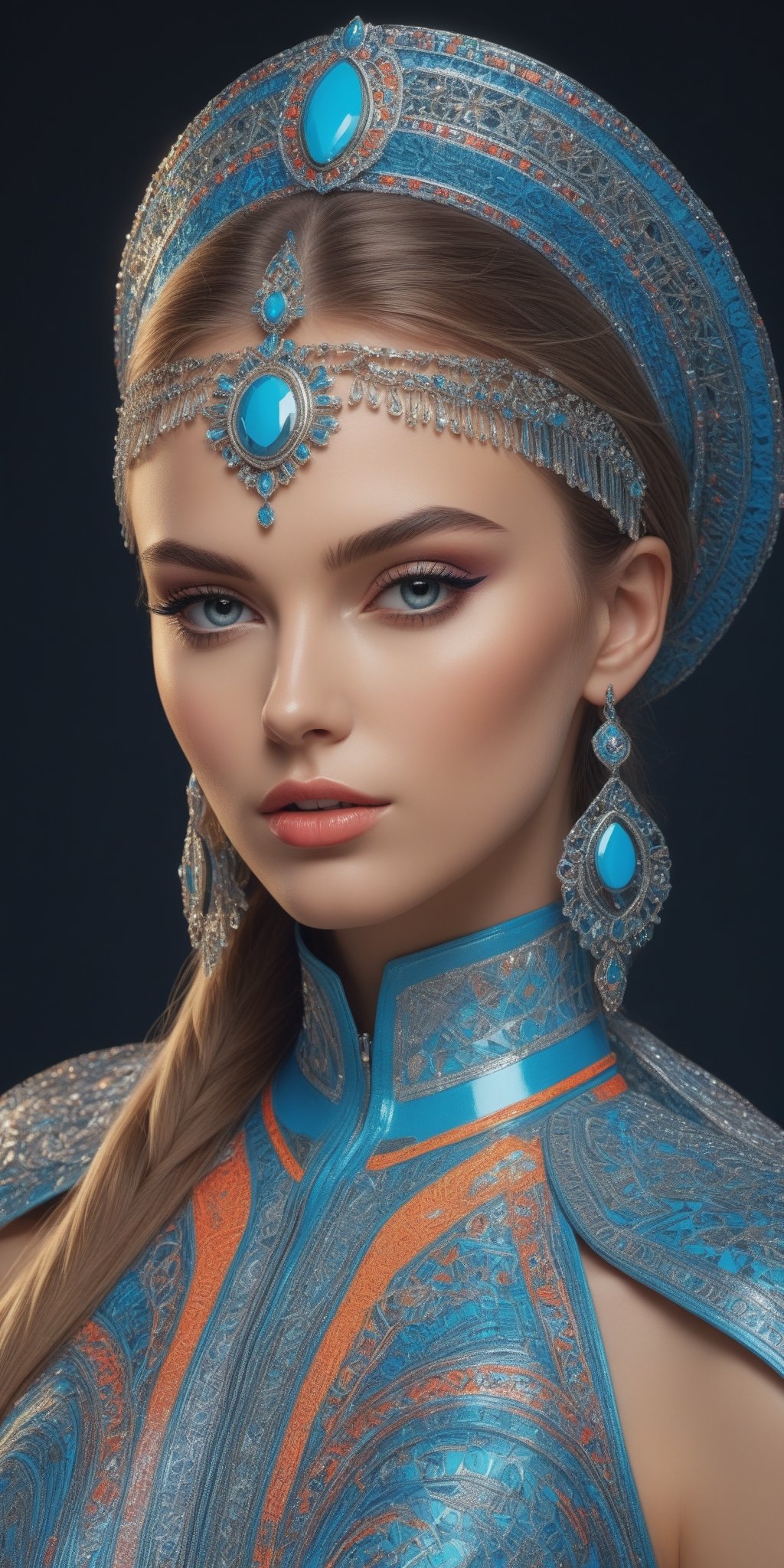 (masterpiece, high quality, 8K, high_res:1.5), exceptional attention to detail,
portrait of beautiful slavic model \straight view\. high fashion, extremely detailed, flat illustration in realistic style, handpainted, neon lighting, pop art elements combinated with street art style, bright matte colors, mural, elegant and aesthetic, fushion zentangle ornament with cybertech elements in background,