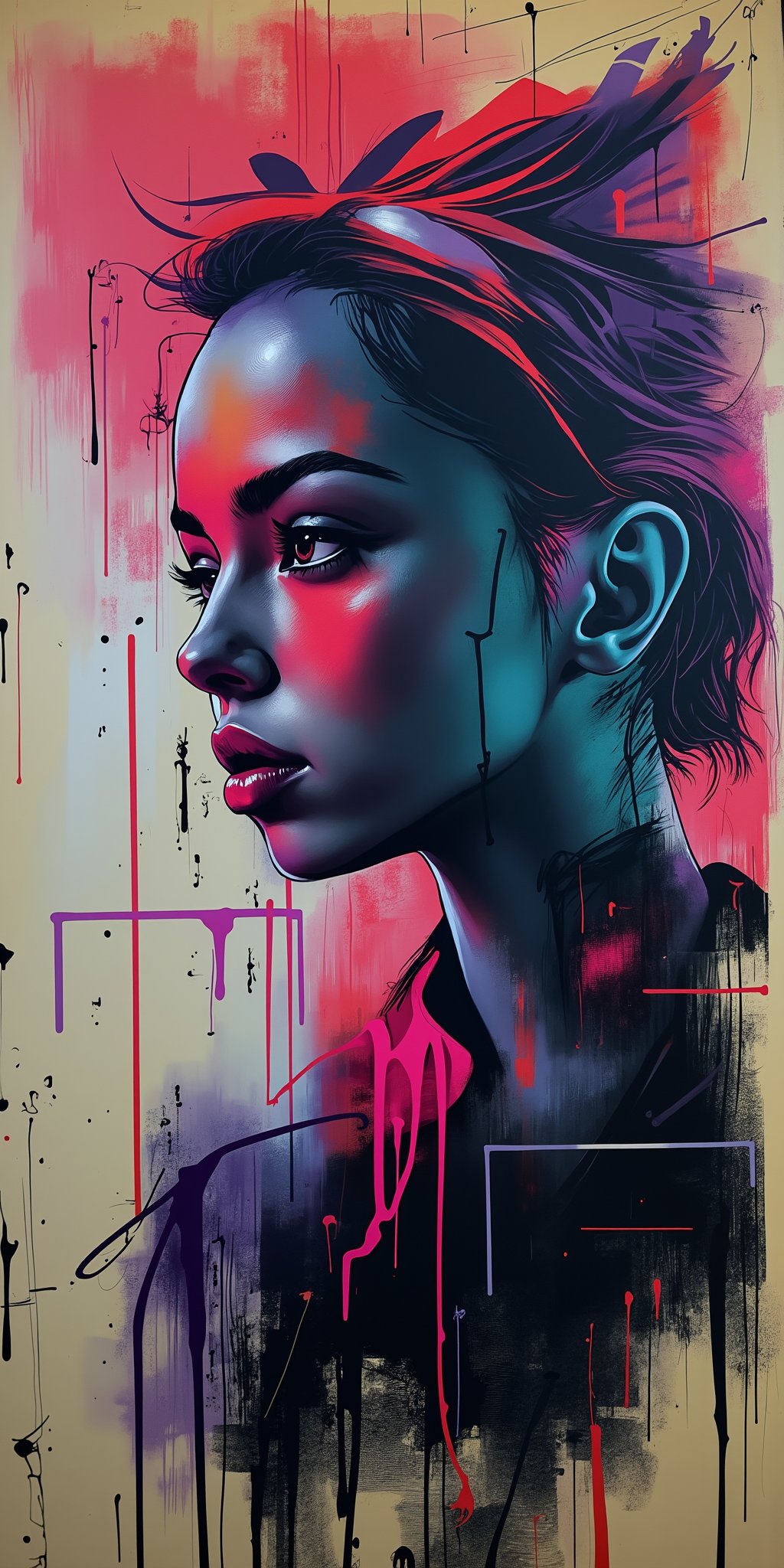 (masterpiece, high quality, 8K resolution),,A surreal sketchbook-style graffiti spray-painted on a flat area. Graffiti portrayal of a beautiful young woman in profile. Mixed surrealism of Alice in the Wonderland and cyberpunk setting. Cruel, full of drama and tragedy, tension and suspense. A mix of comics and anime in a street art format, where every element is carefully executed, an amazing combination of colors and tones in a colorful and dark palette create a unique picture of superhero madness. graffiStyle,futuremadness