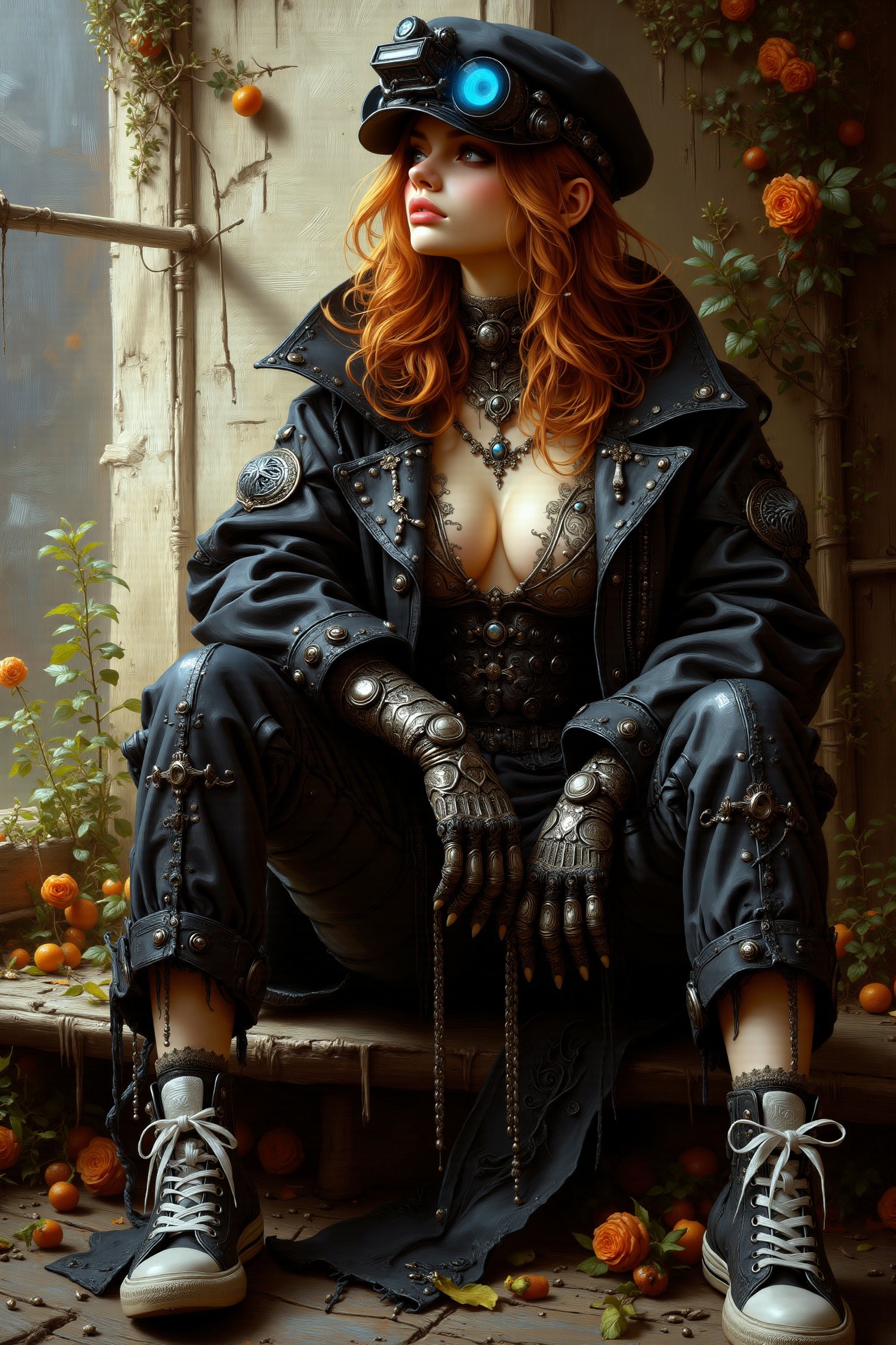 (masterpiece, the highest quality, ultra-high resolution).
A stunning work that depicts a cyberpunk composition in a surprisingly modern classical painting style. Incredibly georgeous young woman, slavic facial features, ginger stylish haircut, AR visor on the head, piercing lips, revealing outfit (bodysuit with gothic pattern, black leggins, sarong skirt, sneakers). Gothic embience with cyberpunk futurism. Detailed illustration which merge gothic painting and cyberpunk futurism in oil drawing.,ct-physmstyle2,ct-cromstyle,Oil Painting Kiko