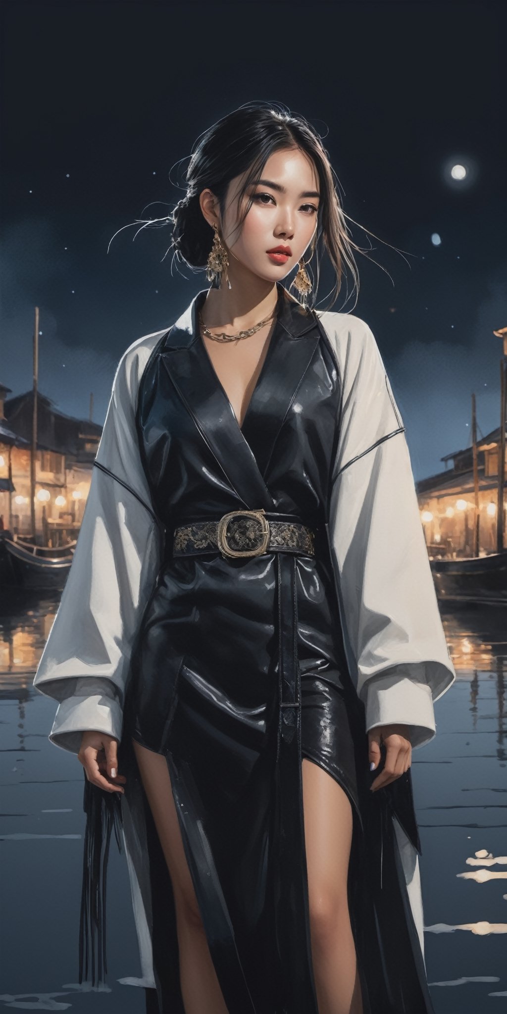 (masterpiece, high quality, 8K, high_res:1.5), 
professional photoshot style, black soft colors palette, spalsh art style,  grunge style, 
beautiful young woman with asian facial features, cocky facial expression, fashion black outfit with a lot of belts, outerwear with hem, intricate white zentagle ornament on the clothes, 
docks background, night lighting, moonlight, 
((ink lines and watercolor wash))