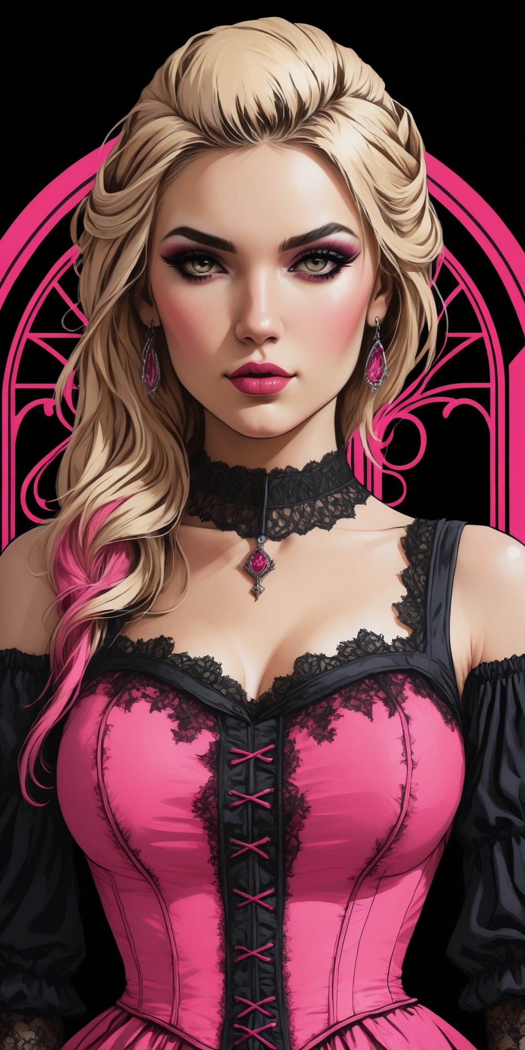 (masterpiece, high quality, 8K, high_res), (((ink and pencil drawning style)),
visual art noveau illustration, fusion of the brightness of pop art style and the depressiveness of gothic style, girl, 25 years old, blonde hair with pink strand, barby style, gothic make up,
beautiful sundress \lace elements, gothic ornament\, 
gothic castle in pop art style in the background,
vibrant, sensual, an unexpected combination of melancholy and optimism, elegant, perfect, detailed