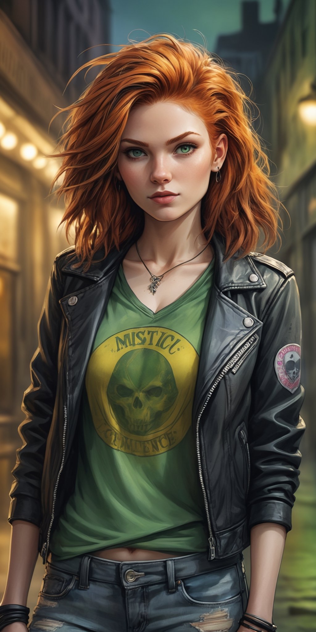 (masterpiece, high quality, 8K, high_res), 
((ink drawning and watercolor wash)), grunge style, mystic embience, 
ultra detailed illustration, incredibly beautiful young woman, ginger hair, green eyes,
black leather jacket with punk patches, loose V-neck T-shirt, worn out old jeans, skater sneakers,
rock bar background, vampire elements, gothic detailes, 
relax poses. 
,portraitart