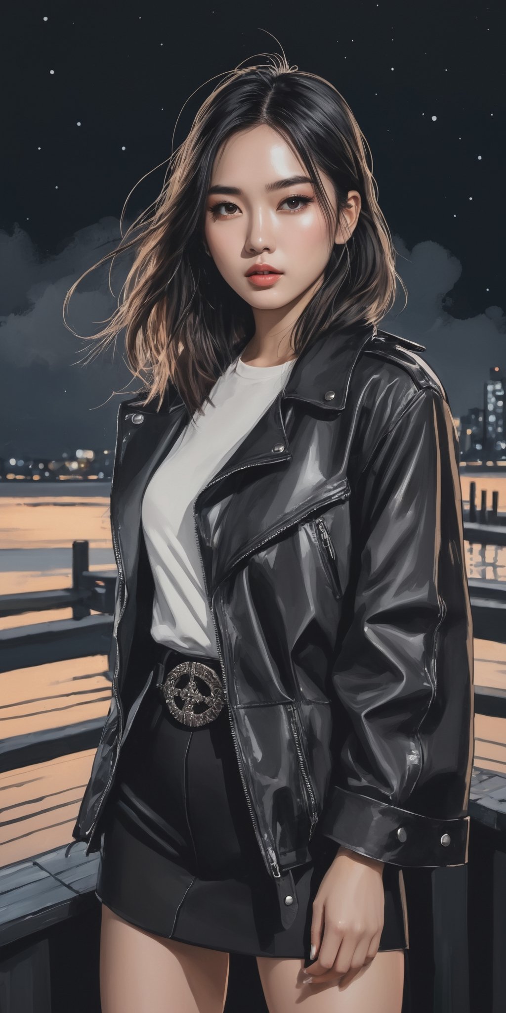 (masterpiece, high quality, 8K, high_res:1.5), 
professional photoshot style, black soft colors palette, spalsh art style,  grunge style, 
beautiful young woman with asian facial features, cocky facial expression, fashion black outfit with a lot of belts, outerwear with hem, intricate white zentagle ornament on the clothes, 
docks background, night lighting, moonlight, 
((ink lines and watercolor wash))