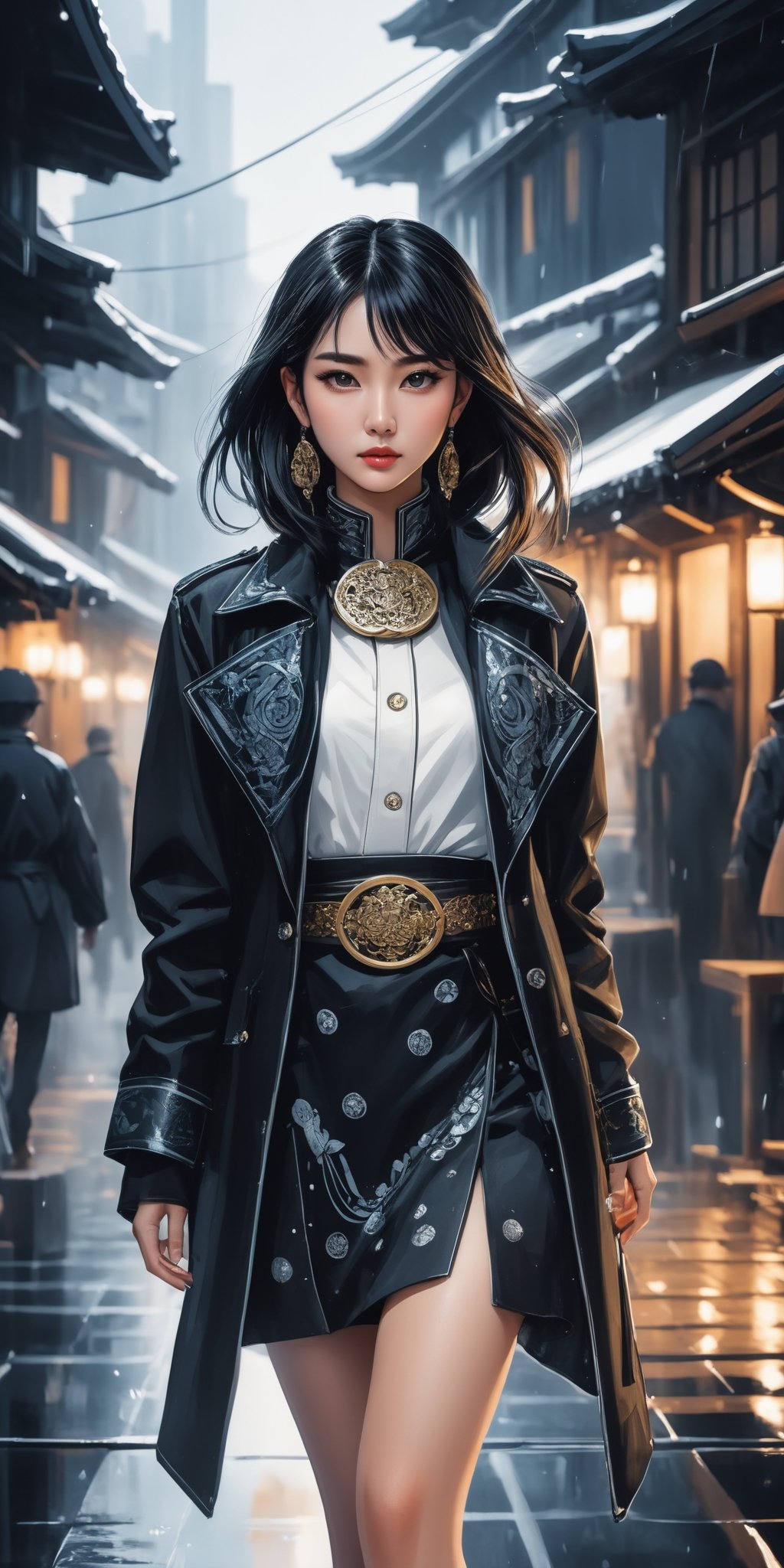 (masterpiece, high quality, 8K, high_res:1.5), 
professional photoshot style, black soft colors palette, spalsh art style,  grunge style, 
beautiful young woman with asian facial features, cocky facial expression, fashion black outfit with a lot of belts, outerwear with hem, intricate white zentagle ornament on the clothes, 
docks background, night lighting, moonlight, 
((ink lines and watercolor wash)),porcellana style