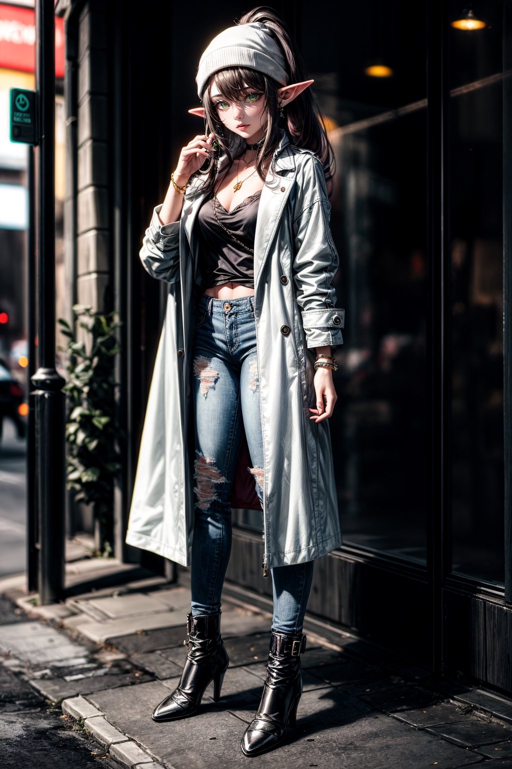 fantasy, winter, high_detalization, sidewalk, 1 girl, 20_years_old, elf, breathtaking_beautiful, long_black_hair, ponytail, elfin ear, green_eyes. piercing_ears, bracelet, little_pendant_on_neck, (white_coat), jeans, high heel boots, cocky_attitude,yofukashi background, wonderful_lightning