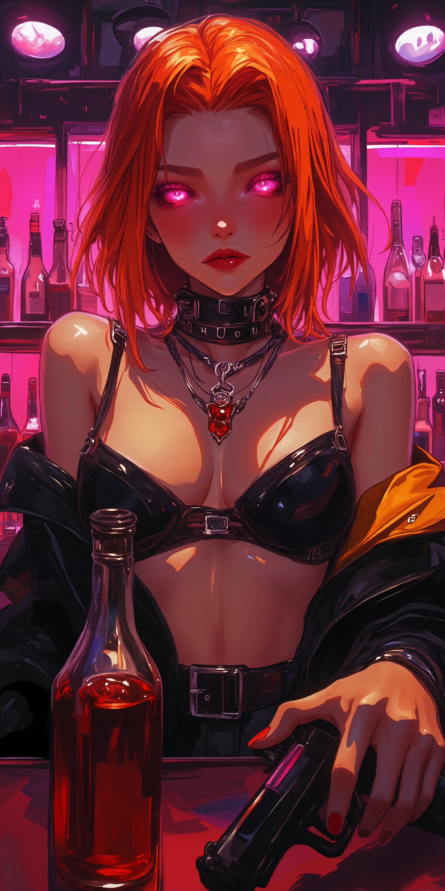 (masterpiece, the highest quality, ultra-high resolution).
Hideaki Anno drawing style, flat illustration, medium shot, the character's calling card with dynamic pose, the most pathos image. Cyberpunk action.
An incredibly beautiful young woman with orange hair in the role of an Information trader,Dressed in club urban clothes with lots of jewelry. The clothes are revealing, emphasizing the character's magnificent figure. The confident and arrogant gaze of the pink-hued cybernetic pupils seems to have been created to look down on the interlocutor. VIP room of a luxury night club. In front of the heroine there is a table with bottles of alcohol and a pistol.
Incredibly beautiful drawing, perfectly executed down to the smallest detail.,Flat Anime Niji Style,futuremadness