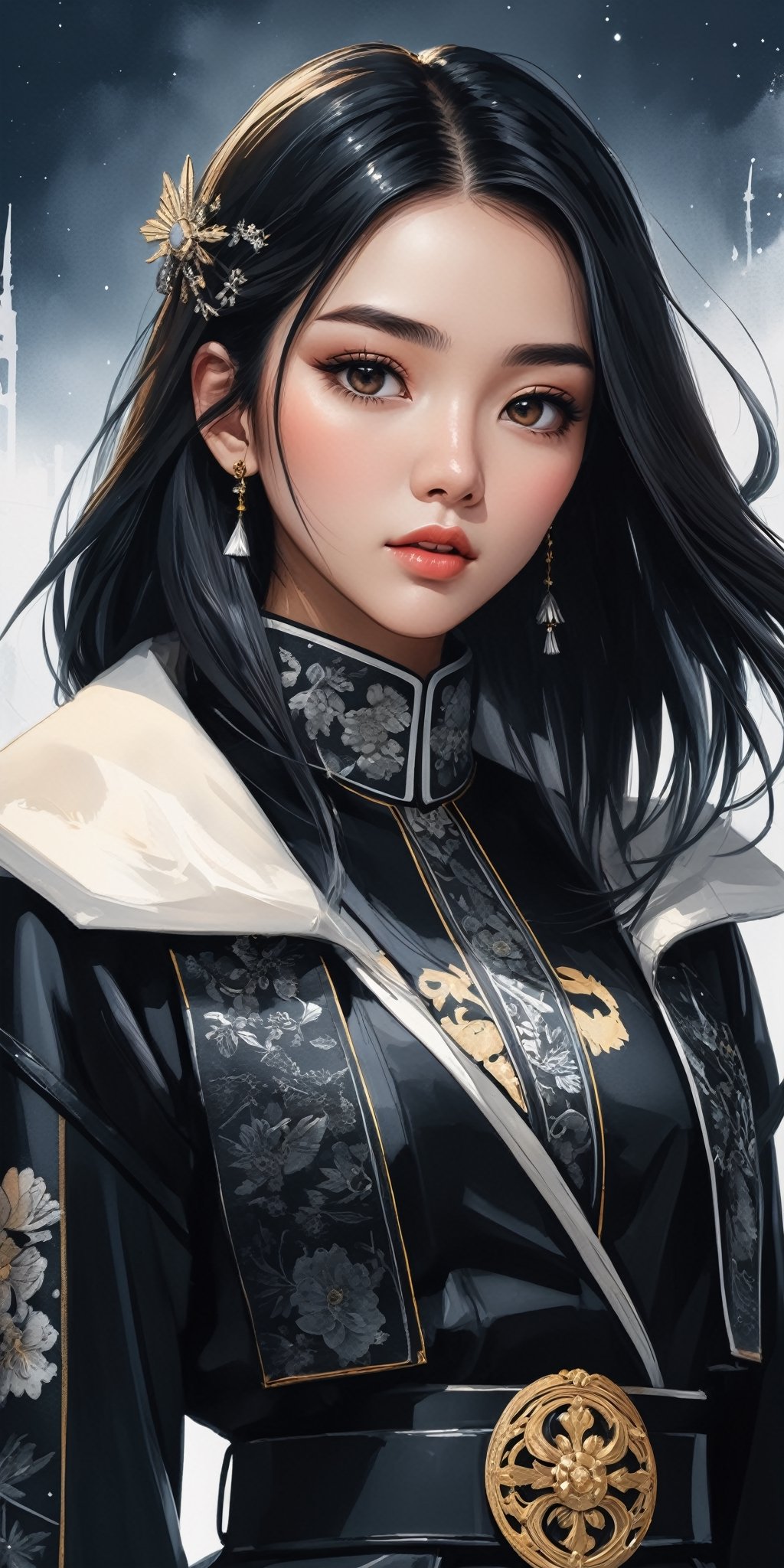 (masterpiece, high quality, 8K, high_res:1.5), 
professional photoshot style, black soft colors palette, spalsh art style,  grunge style, 
beautiful young woman with asian facial features, cocky facial expression, fashion black outfit with a lot of belts, outerwear with hem, intricate white zentagle ornament on the clothes, 
docks background, night lighting, moonlight, 
((ink lines and watercolor wash)),porcellana style