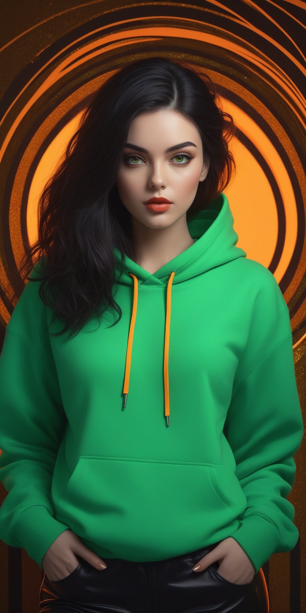 (masterpiece, high quality, 8K, high_res:1.5), 
brilliant merge cartoon drawning style and photorealism, hand-drawn fashion photography,
portrait of an incredibly beautiful woman, (((black hair))), golden green eyes,
clothing \orange oversized hoodie with black ornament, black leather pants\,
art studio background, neon lighting enviroment, sensual and elegant,
unexpectable camera angle, model pose, trending on teenagers magazines and social media.
,fflixmj6