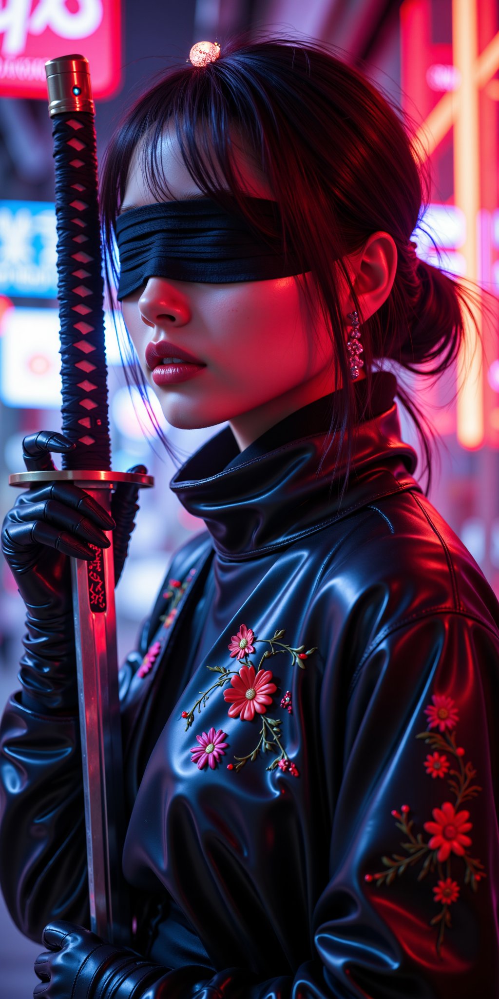 (masterpiece, high quality, 8K, high_res),
surreal flat portrait of incredibly beautiful girl, Themis,  takes the katana out of its sheath, eyes covered with cloth, cyberpunk, futurism, neon lighting in the background, acid colors, abstraction, truly artwork, (medium full shot:1.3), by badabum27,futuristic,cyborg,Midjourney_Whisper