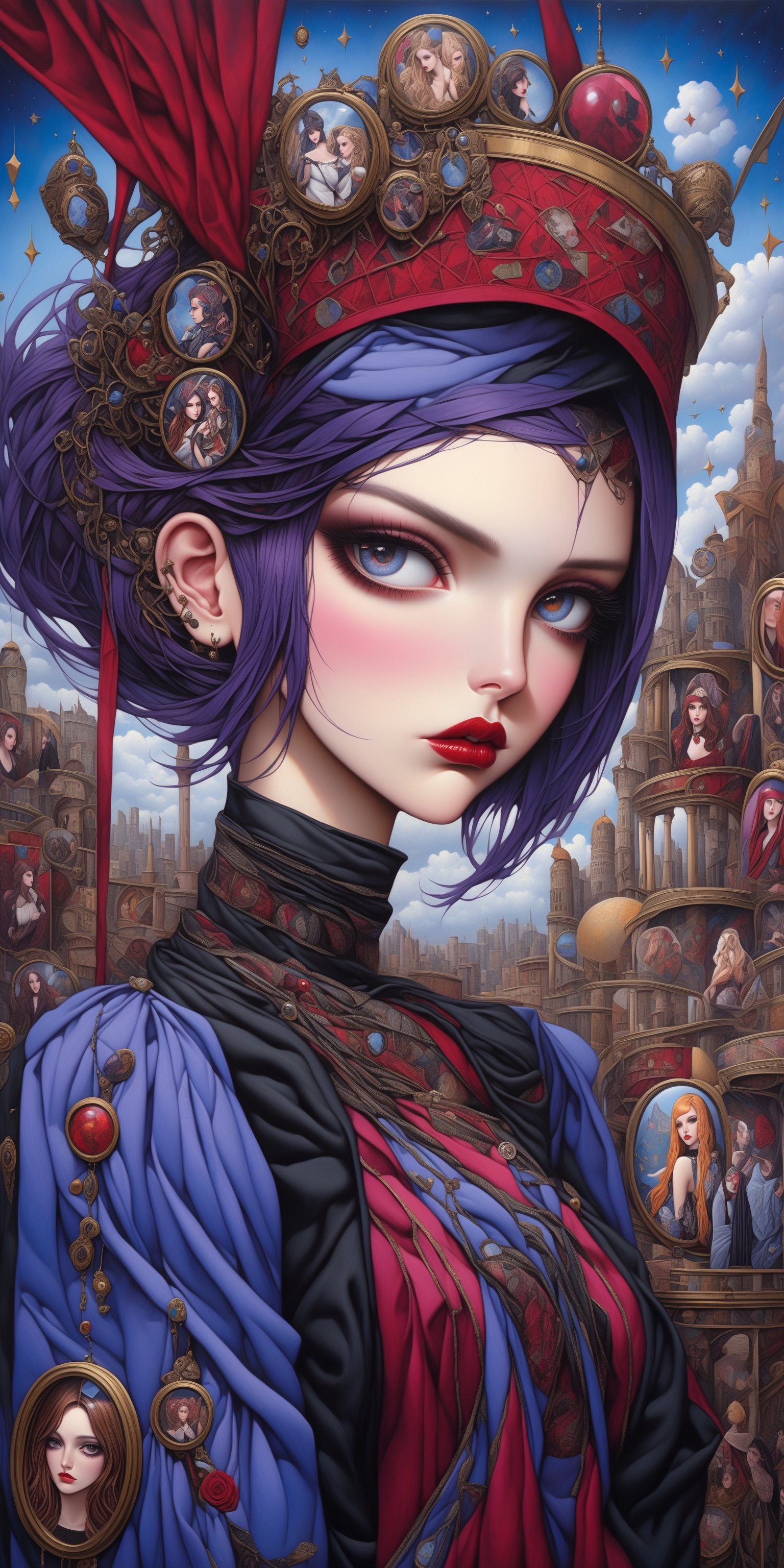 create a imposibly creative picture about stunningly beautiful young goth woman in pop art realm, a picture woven from contradictions, combination of incompatible, truly artwork, use merge of artwork styles of Carrie Ann Baade and Esao Andrews, (((stylized))),(((highest resolution))),(best quality),((extremely sharp focus))
