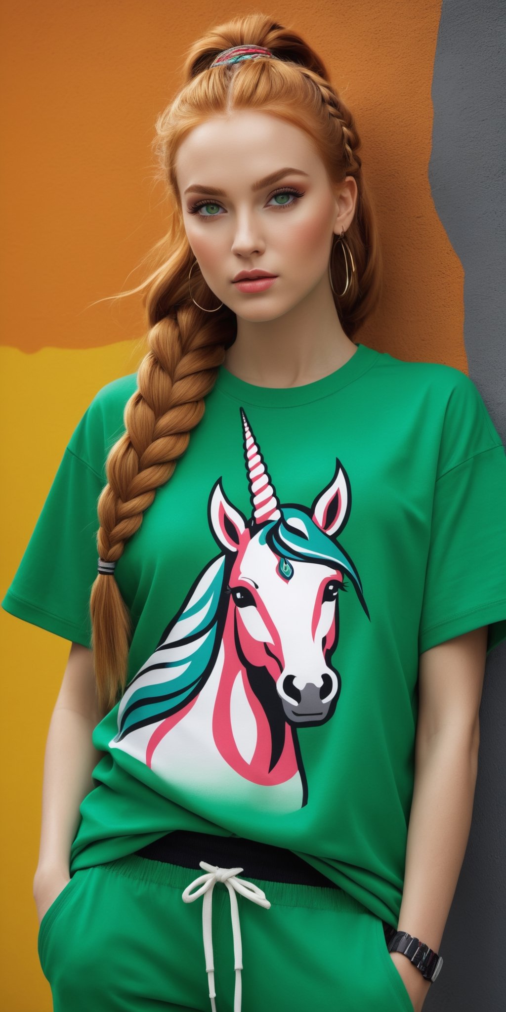 (masterpiece, high quality, 8K, high_res), 
beautiful woman, slavic facial features, ginger, braids, green eyes, 
urban style clothing, oversized tshirt with unicorn print, joggers, sneakers, clothes inspired by Mark Ecko, 
a street full of street art elements background,
professional photoshot style, vibrant, energetic, restless, cheerful, inspiring, intricate,
ultra detailed, pictured by badabum27, 

