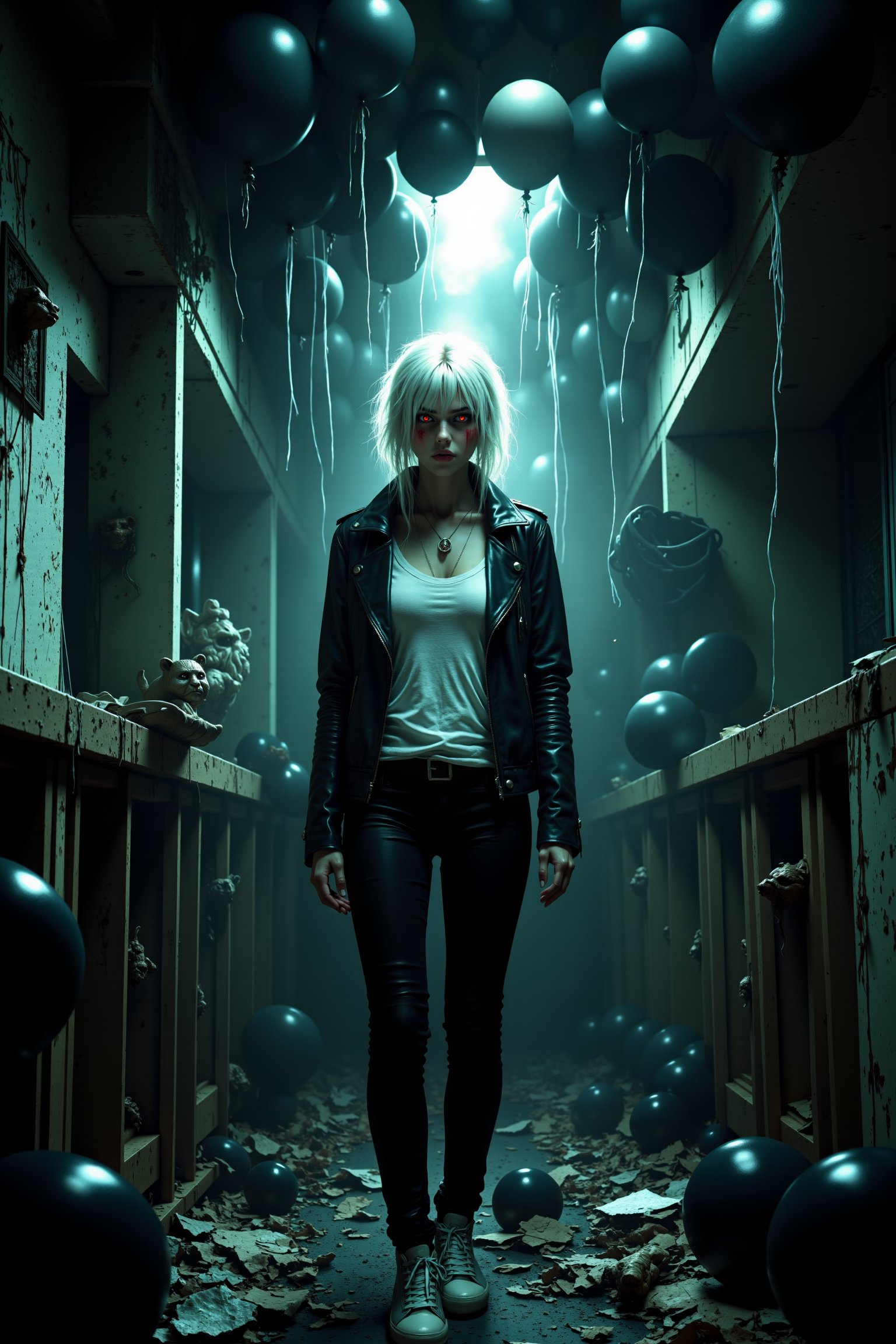 (masterpiece, high quality, 8K resolution). Beautiful anime illustration that combines professional photography in grunge style and a mystical thriller in cinematic style. A beautiful young woman with pale skin and platinum hair. Red eyes. Smeared makeup on her face. Dressed in a black leather jacket, a white sleeveless T-shirt, leather pants and white sneakers. The whole style is done in grunge style. Jewelry emphasizes the rebelliousness and special taste of the heroine. The girl looks around cautiously, conveying emotions of anxiety and fear. The action takes place in an abandoned house filled with black balloons. The atmosphere is mystical and mysterious, causing chills on the skin. The detail of the image is amazing, as if we are looking at a frame from a big-budget movie,aidmaabdhr,surreallofi