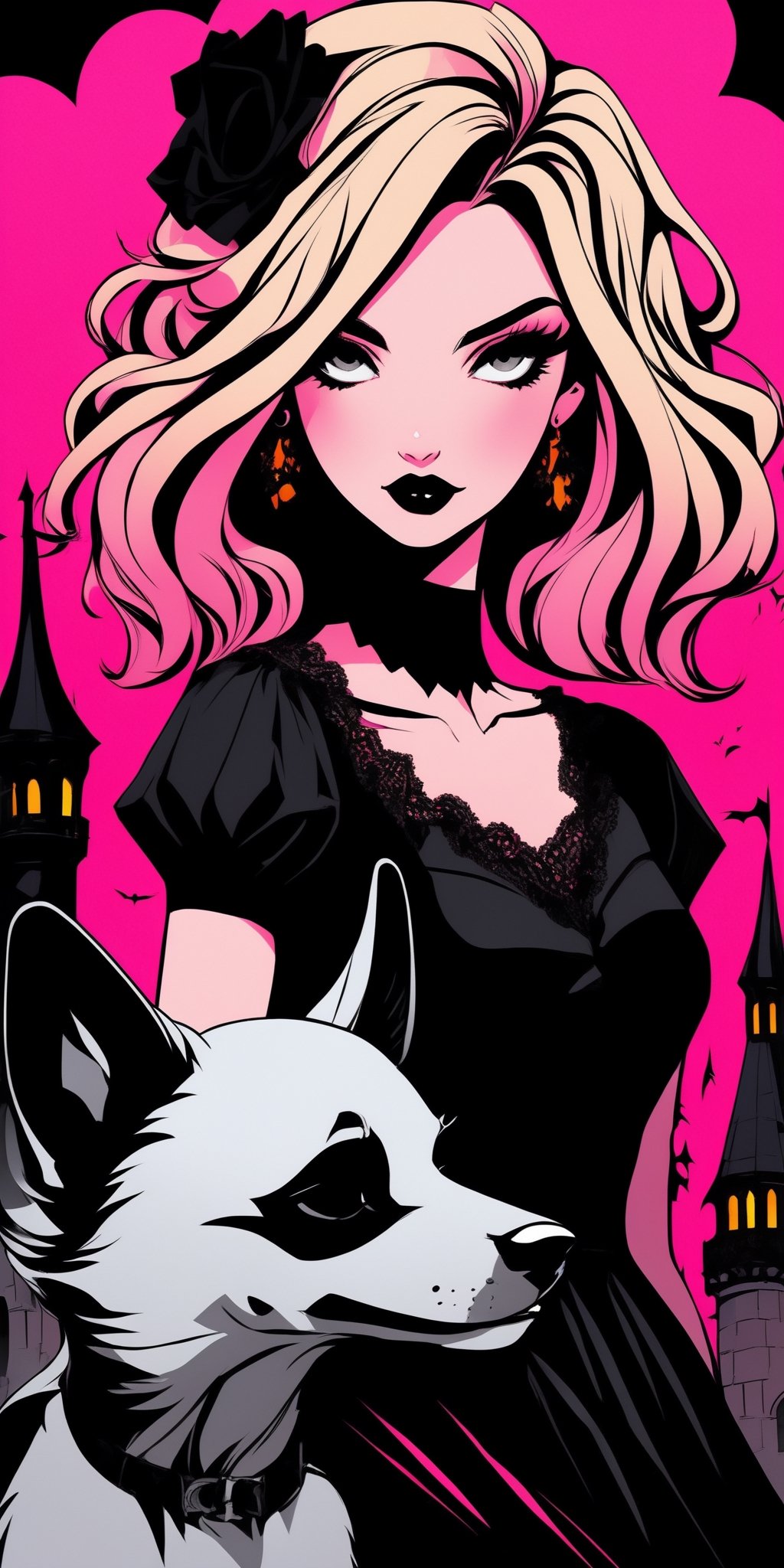 (masterpiece, high quality, 8K, high_res), (((ink and pencil drawning style)),
visual art noveau illustration, fusion of the brightness of pop art style and the depressiveness of gothic style, girl, 25 years old, blonde hair with pink strand, barby style, gothic make up,
beautiful sundress \lace elements, gothic ornament\, 
gothic castle in pop art style in the background,
vibrant, sensual, an unexpected combination of melancholy and optimism, elegant, perfect, detailed