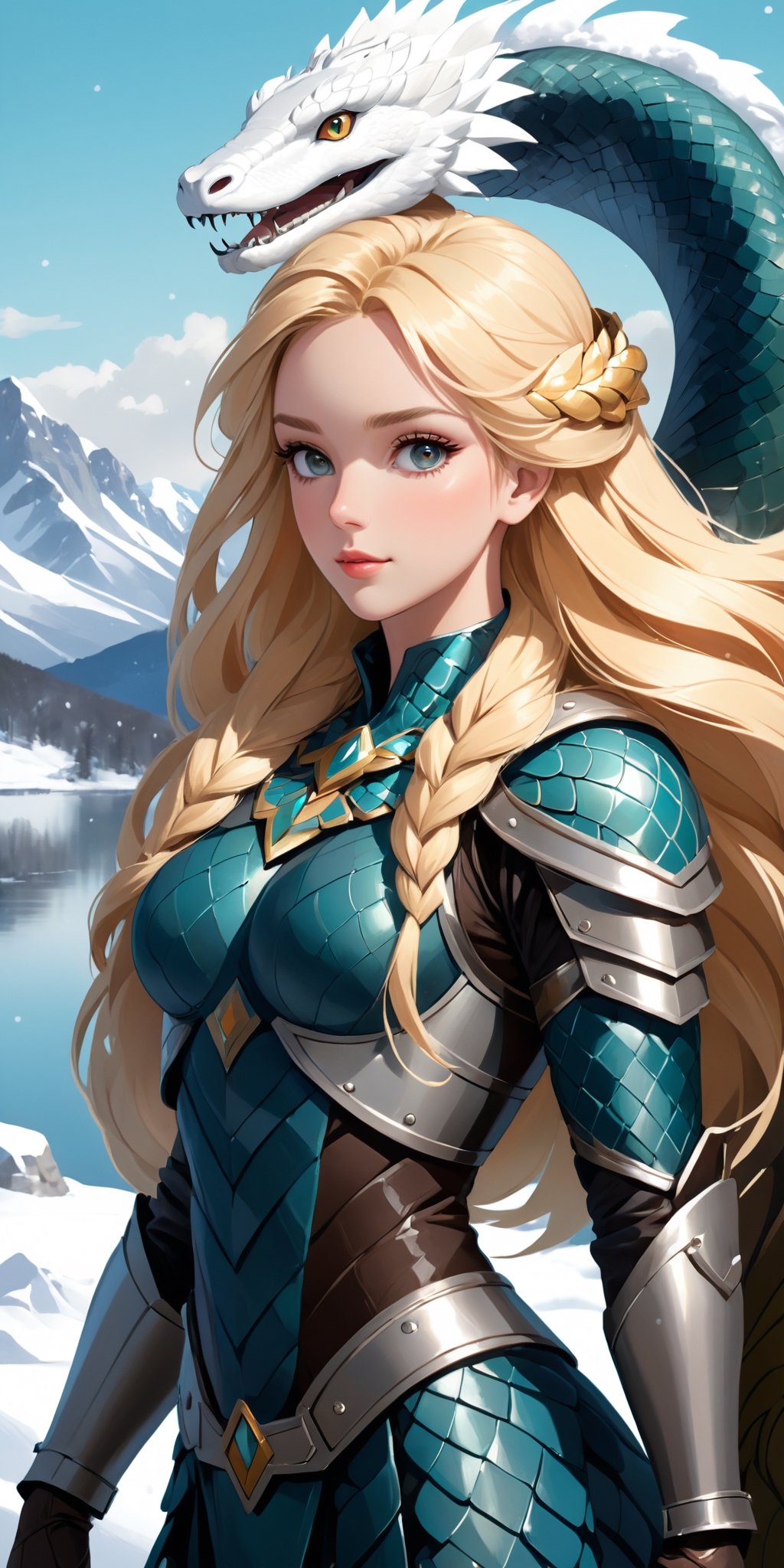 flat illustration in vibrant snow colors washdrawning palette, mural style,
female spirit as humanoid form of uraboros, ancient nordic armor with snake scales elemens, long blonde hair, perfect sport body, 
winter nordic lake background, completely detailed background, 
influence by ancient mythology, elegant embience, cold and proud  picture, fusion of detailed portrait by classicim style and modern drawing techniques, elegant merge of colors,
((masterpiece, sharp focus, high qulity, high-res:1.2)),
detailed face, detailed hair, correct body anatomy,(anime)