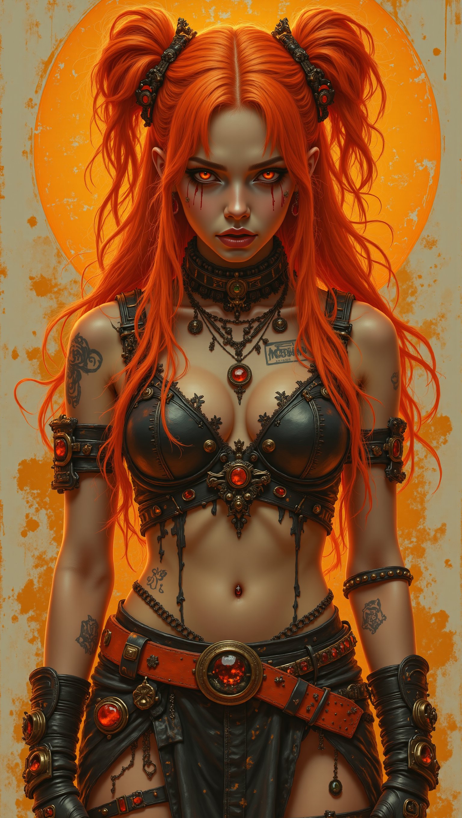 (masterpiece, high quality, 8K resolution). 
Punk rock aesthetics in cyberpunk conditions through a portrait of an incredibly beautiful Slavic girl in 2D anime style. Gothic makeup is stunningly combined with bright orange hair, which is styled in a chaotic manner. Jewelry combines a vibe of protest and religious elements. Acrylic paints create an unusual and intricate image, making it truly unique and inimitable. Each pixel is skillfully executed, making the overall quality of the picture incredibly clear and high-class.,Mid art 