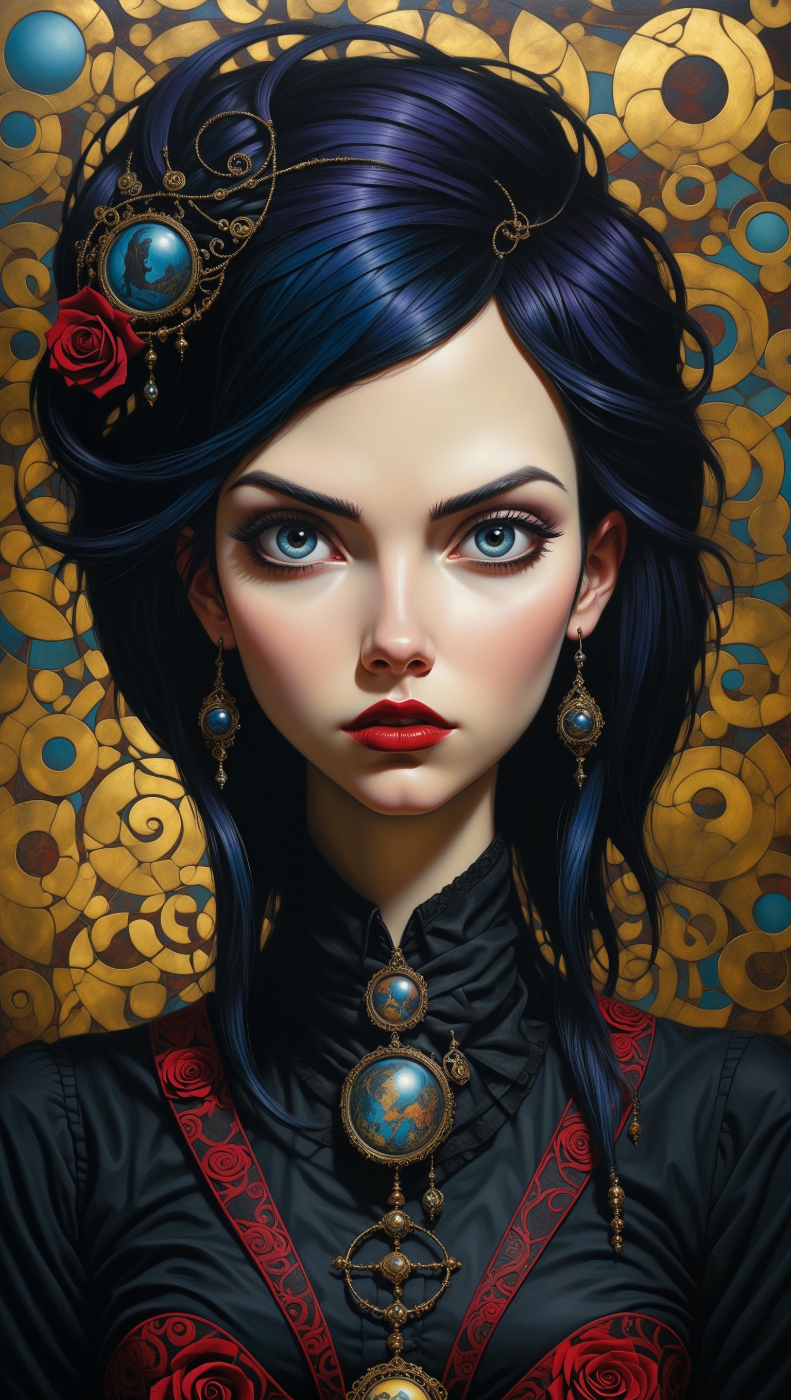 create a imposibly creative picture about stunningly beautiful young goth woman in pop art realm, a picture woven from contradictions, combination of incompatible, truly artwork, use merge of artwork styles of Carrie Ann Baade and Esao Andrews, (((stylized))),(((highest resolution))),(best quality),((extremely sharp focus))
