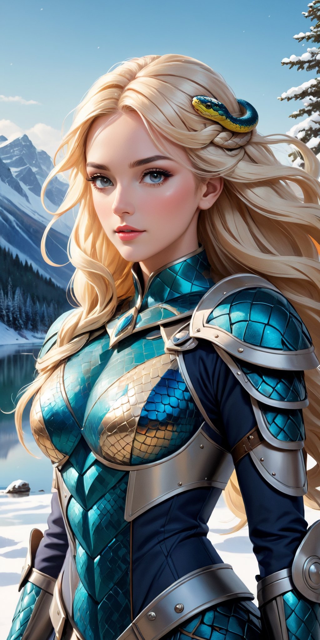 flat illustration in vibrant snow colors washdrawning palette, mural style,
female spirit as humanoid form of uraboros, ancient nordic armor with snake scales elemens, long blonde hair, perfect sport body, 
winter nordic lake background, completely detailed background, 
influence by ancient mythology, elegant embience, cold and proud  picture, fusion of detailed portrait by classicim style and modern drawing techniques, elegant merge of colors,
((masterpiece, sharp focus, high qulity, high-res:1.2)),
detailed face, detailed hair, correct body anatomy,(anime)