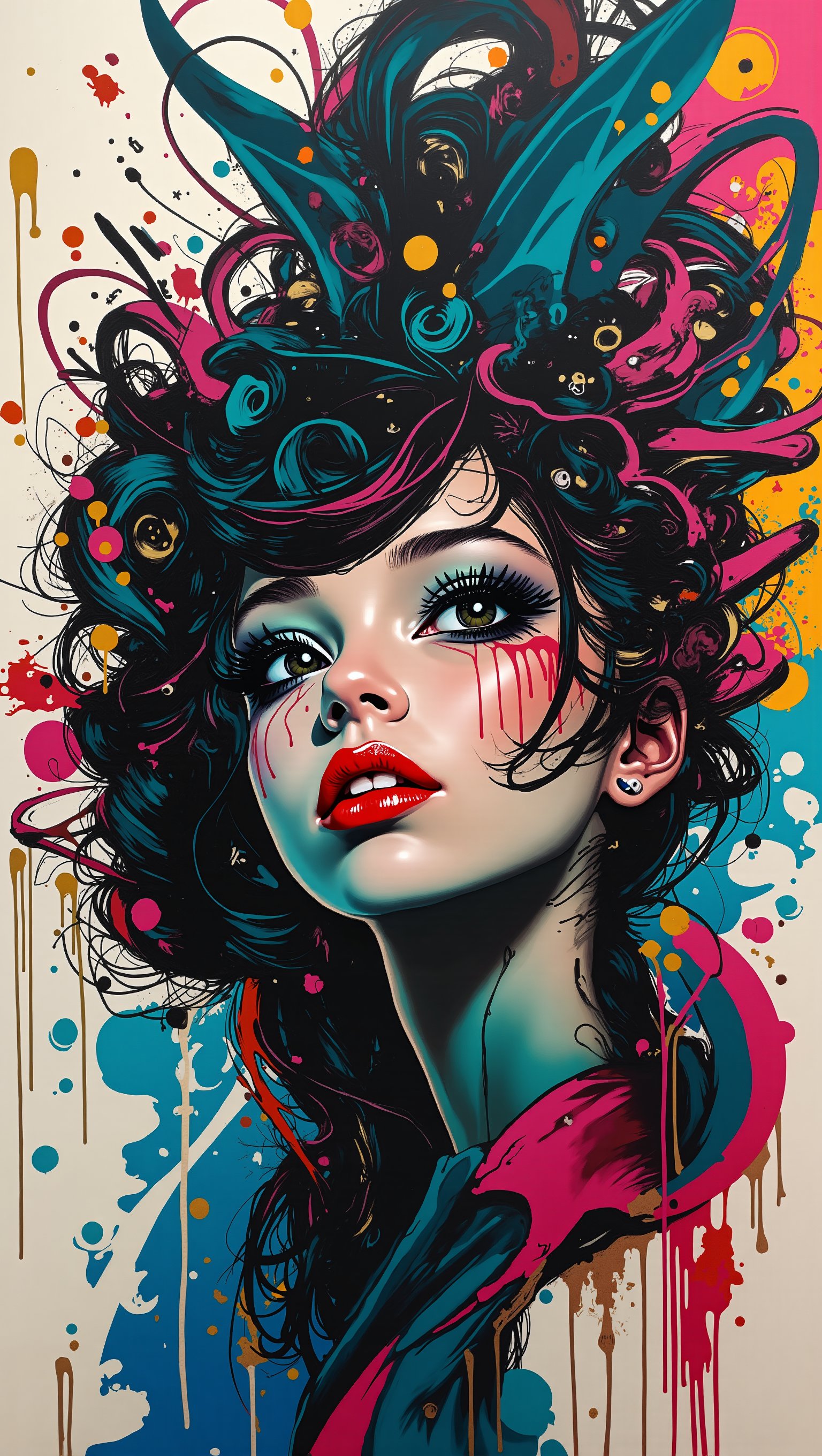 (masterpiece, high quality, 8K resolution),,A surreal sketchbook-style graffiti spray-painted on a flat area. Graffiti portrayal of a beautiful young woman. Mixed surrealism of Alice in the Wonderland and cyberpunk setting. Cruel, full of drama and tragedy, tension and suspense. A mix of comics and anime in a street art format, where every element is carefully executed, an amazing combination of colors and tones in a colorful and dark palette create a unique picture of superhero madness. graffiStyle,ct-identity