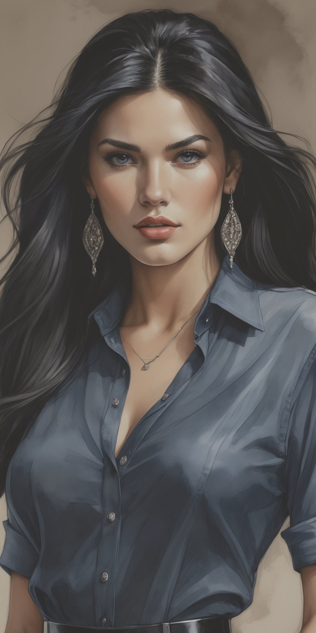 (masterpiece, high quality, 8K, high_res), ((ink drawning and watercolor wash)), ultra detailed illustration, picture should illustrate beautiful woman, who is undependet and pride, smart and brave, 
long black hair, straight and parting in the middle, piercing, 
dark blue shirt with cleavage, long fitted black skirt, high heels,
arrogance pose, self-confident behavior,
beautiful, fashion, elegant, ultra detailed, influence by Alasdair McLellan, trending on artgerm,