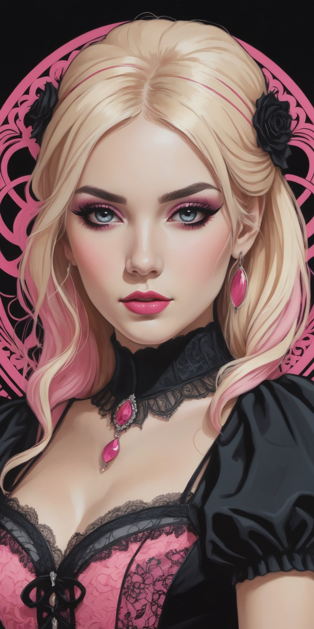 (masterpiece, high quality, 8K, high_res), (((ink and pencil drawning style)),
visual art noveau illustration, fusion of the brightness of pop art style and the depressiveness of gothic style, girl, 25 years old, blonde hair with pink strand, barby style, gothic make up,
beautiful sundress \lace elements, gothic ornament\, 
gothic castle in pop art style in the background,
vibrant, sensual, an unexpected combination of melancholy and optimism, elegant, perfect, detailed